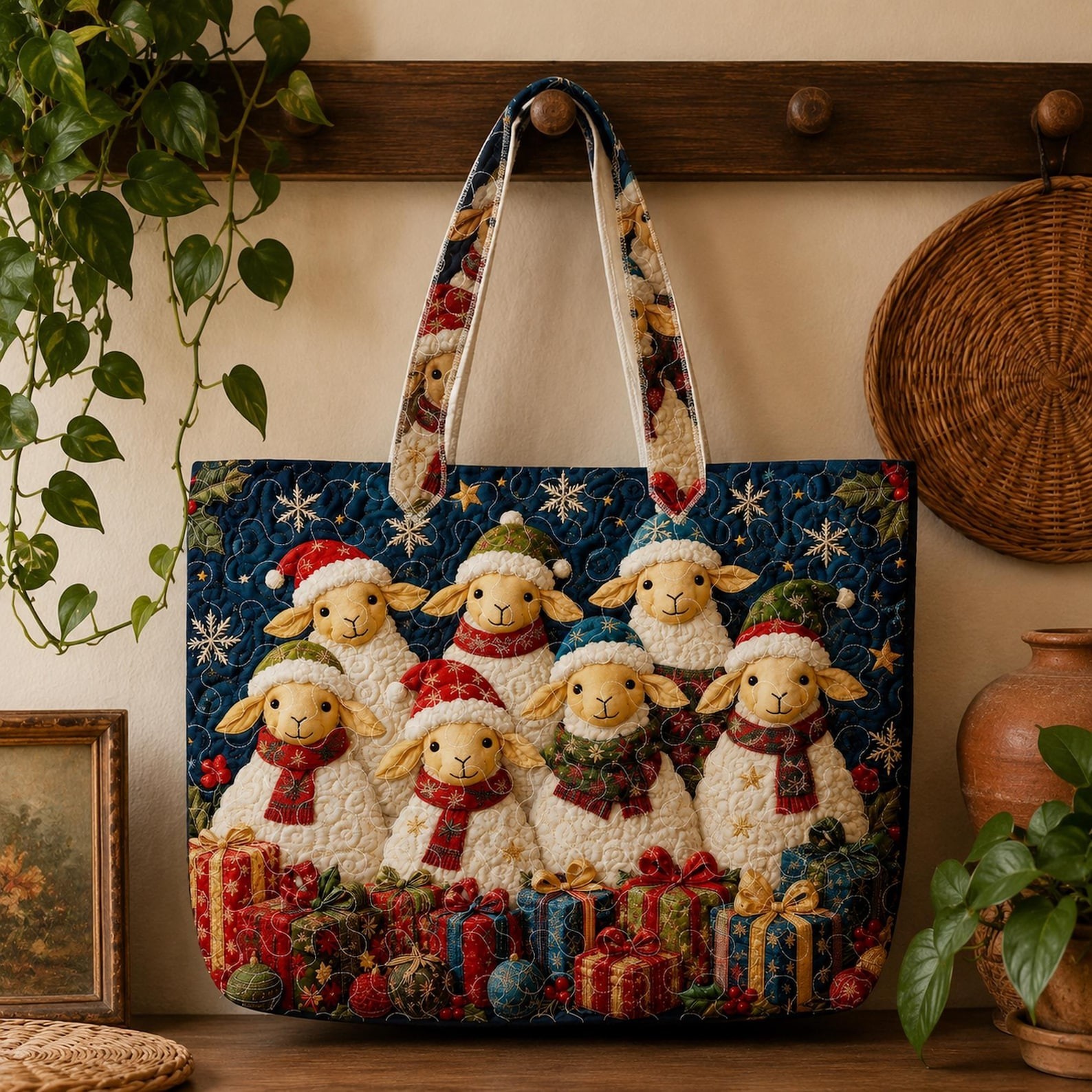 Christmas Sheep Quilted Tote Bag, Cute Holiday Lamb Handbag, Winter Farmhouse To