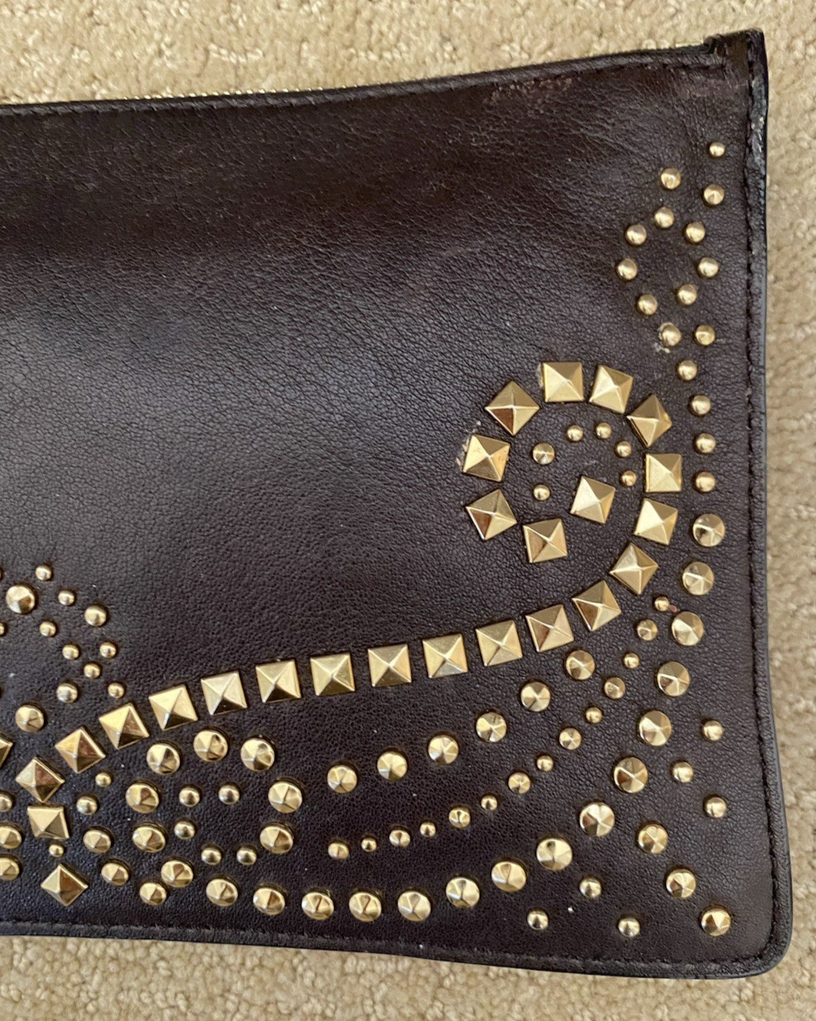 Michael Kors Rhea Wristlet Gold Studded Dark Brown Leather Logo Zipper