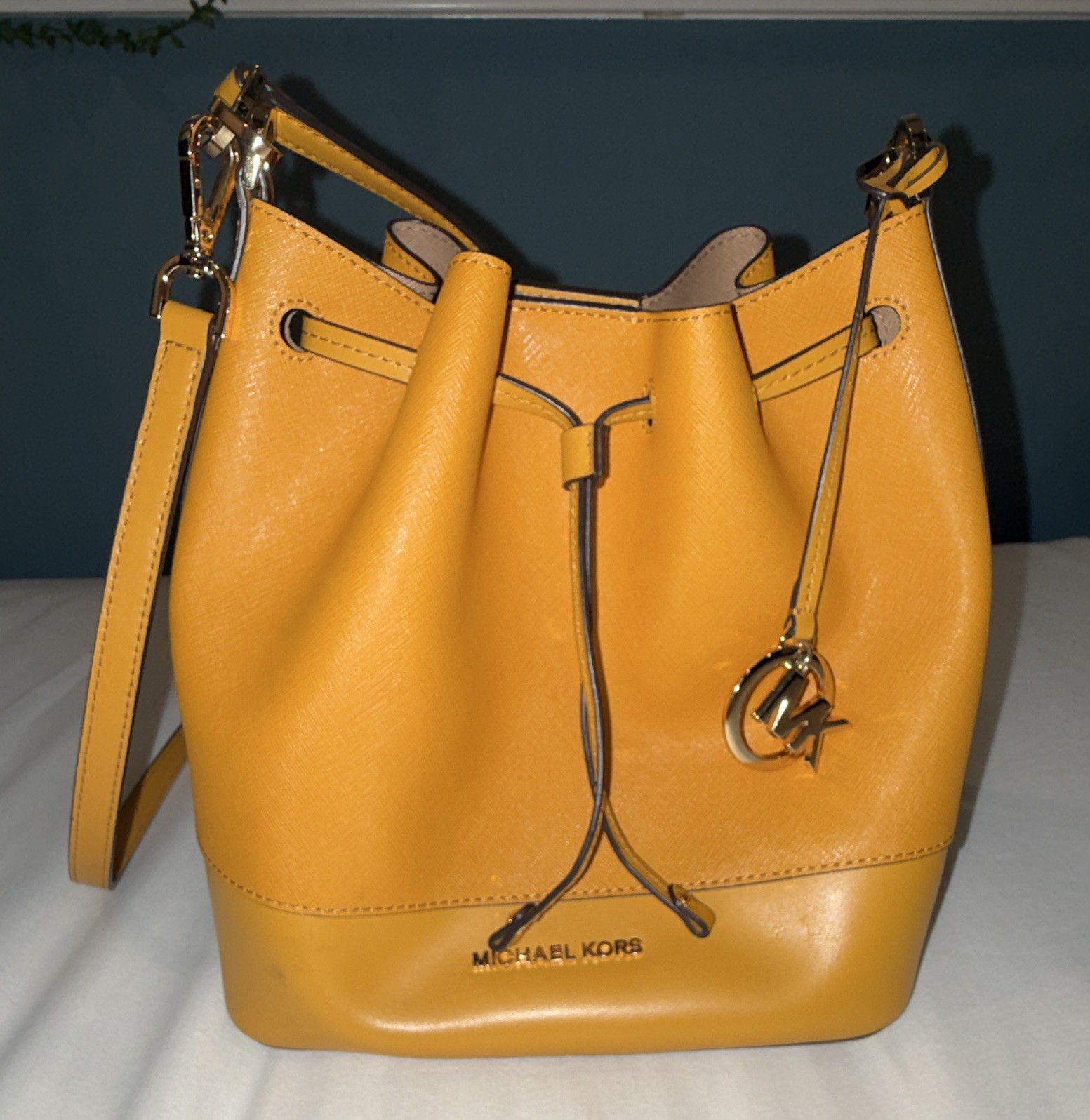 Michael Kors Yellow Medium Drawstring Bucket Bag Detachable Strap Charm Gold