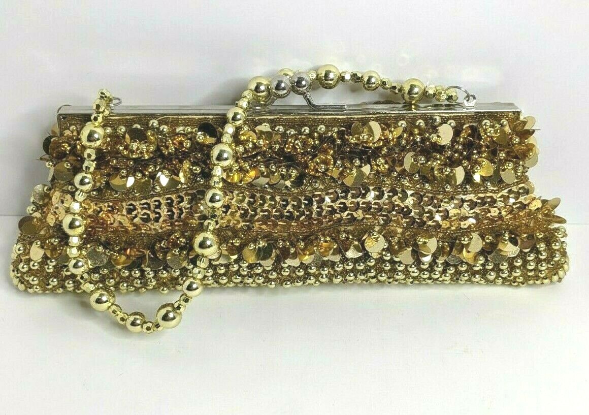 JoyMax Collection Gold Sequence Barrel Clutch Purse Chain Strap and Handle