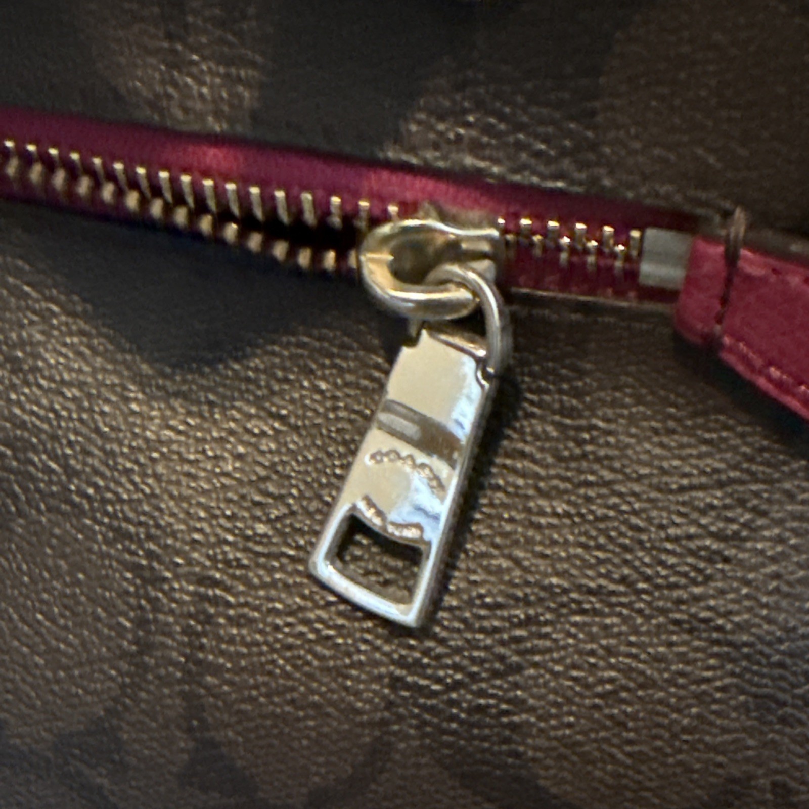 Large COACH Signature Dark Brown Tote magenta Pink Trim Shoulder Bag Purse