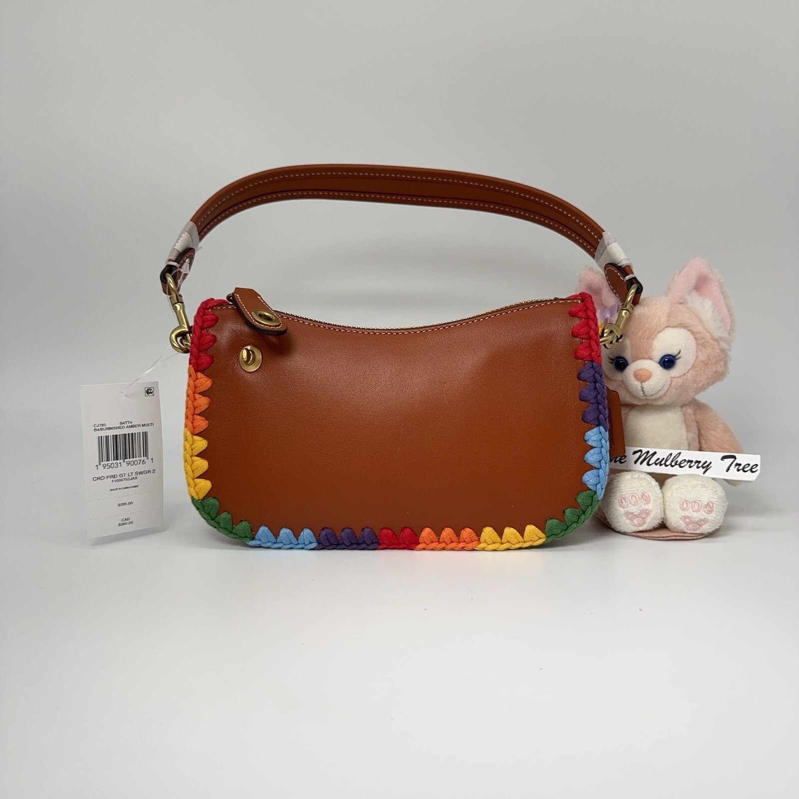Coach Swinger Bag 20 With Rainbow Crochet Yarn Leather Handle Strap Zip Top NWT