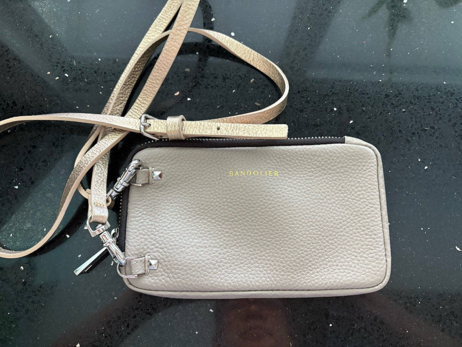 Bandolier Expanded Pouch Pebble Leather — Greige/Silver w/Gold Crossbody Strap
