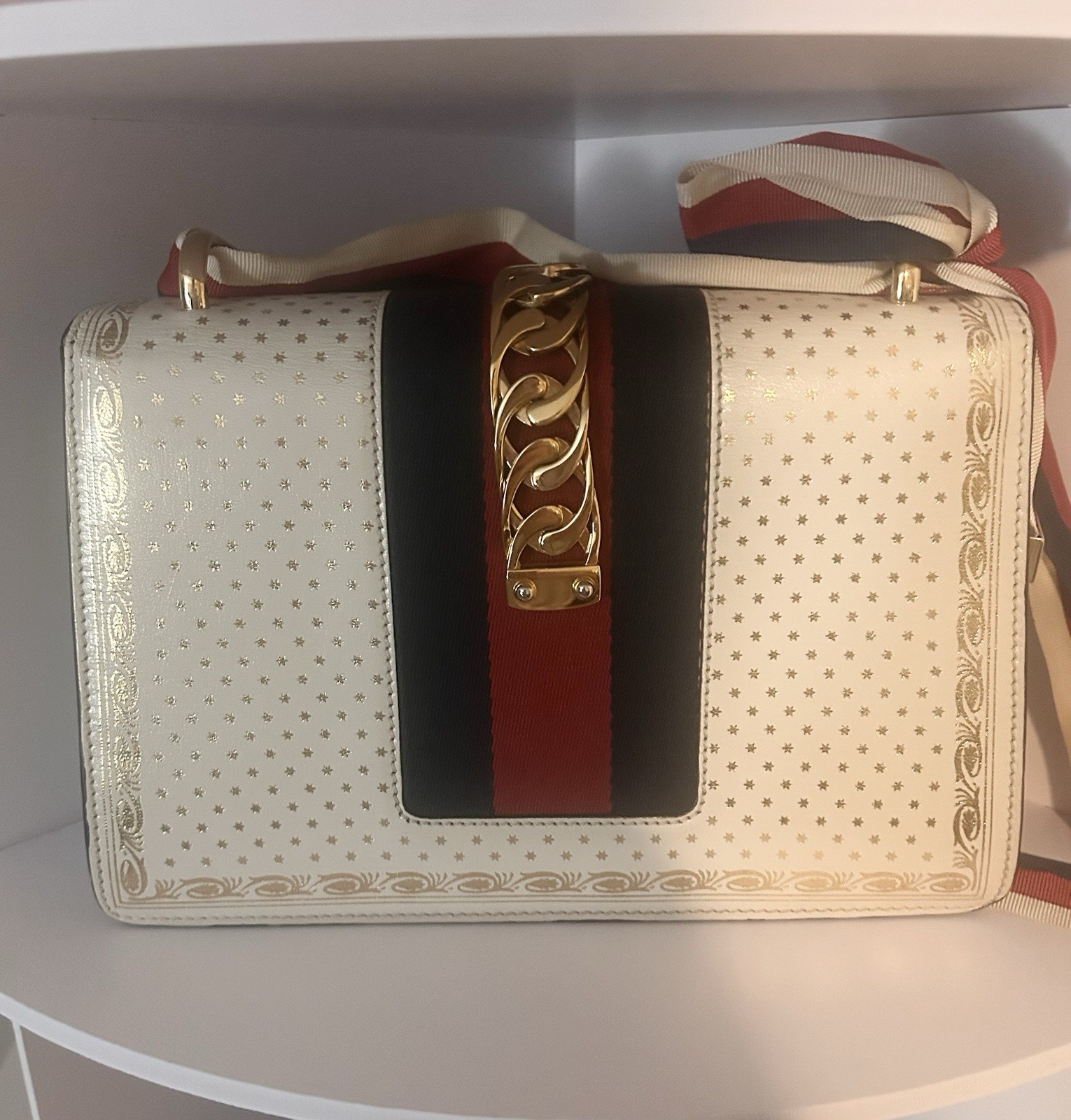 Gucci Sylvie Authentic- Small White stars- web ribbon and leather straps