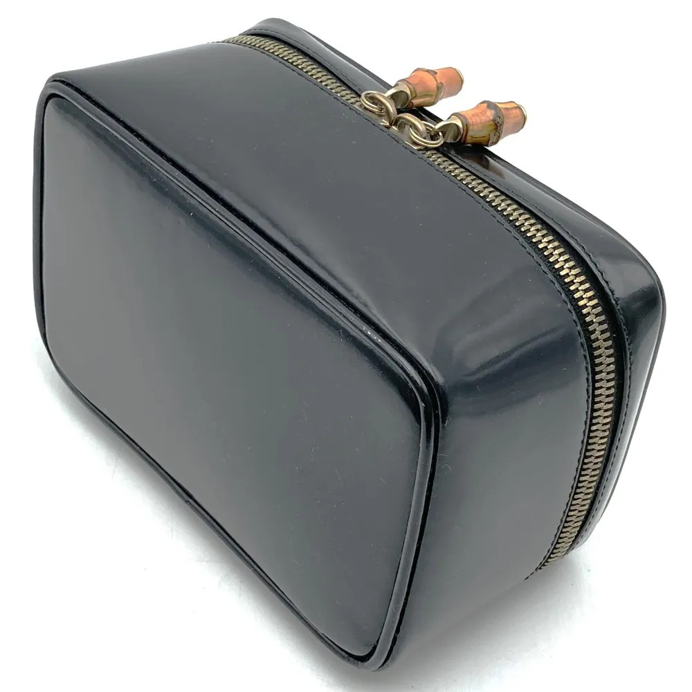 GUCCI Bamboo Vanity Bag Pouch Black Patent Leather Makeup Box 6.3×3.15×3.94 in
