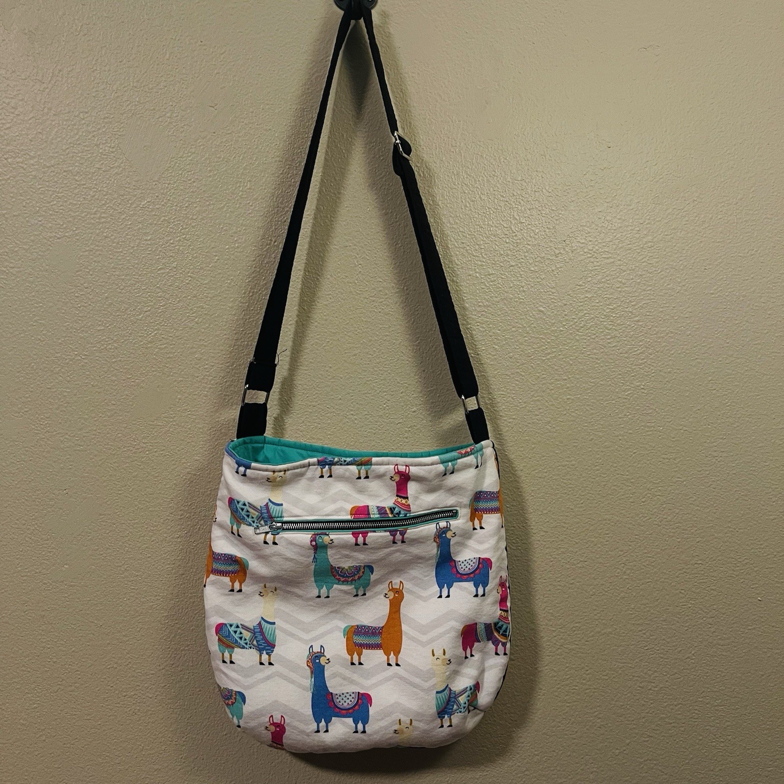 Fun Dopamine Crossbody Lama Bag Canvas Fabric White Mint Multicolor 14×14