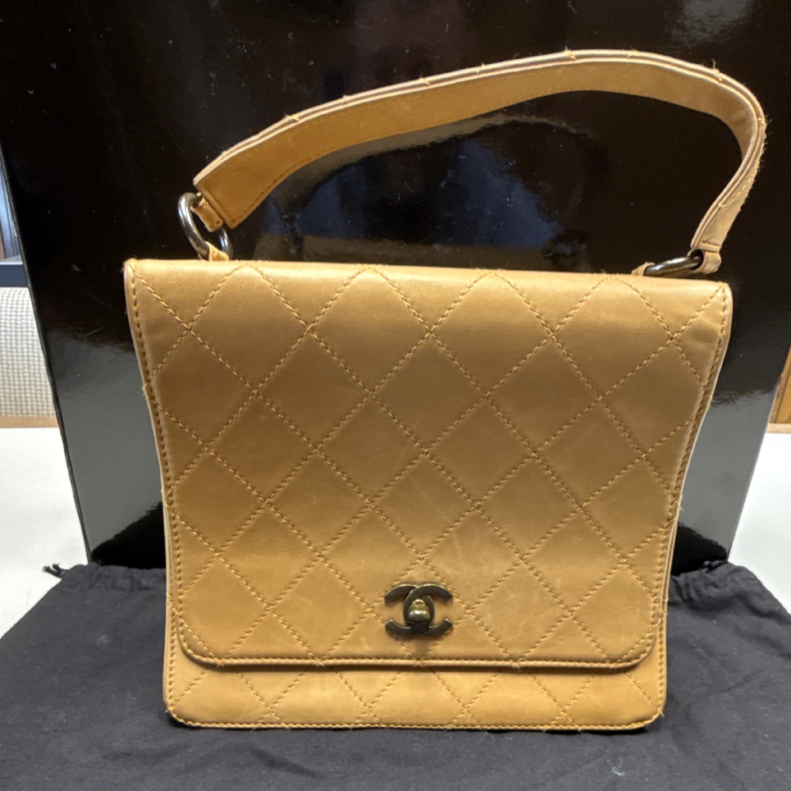 CHANEL Camel Quilted Top Handle Bag Gold Hardware Brand Card Authenticity
