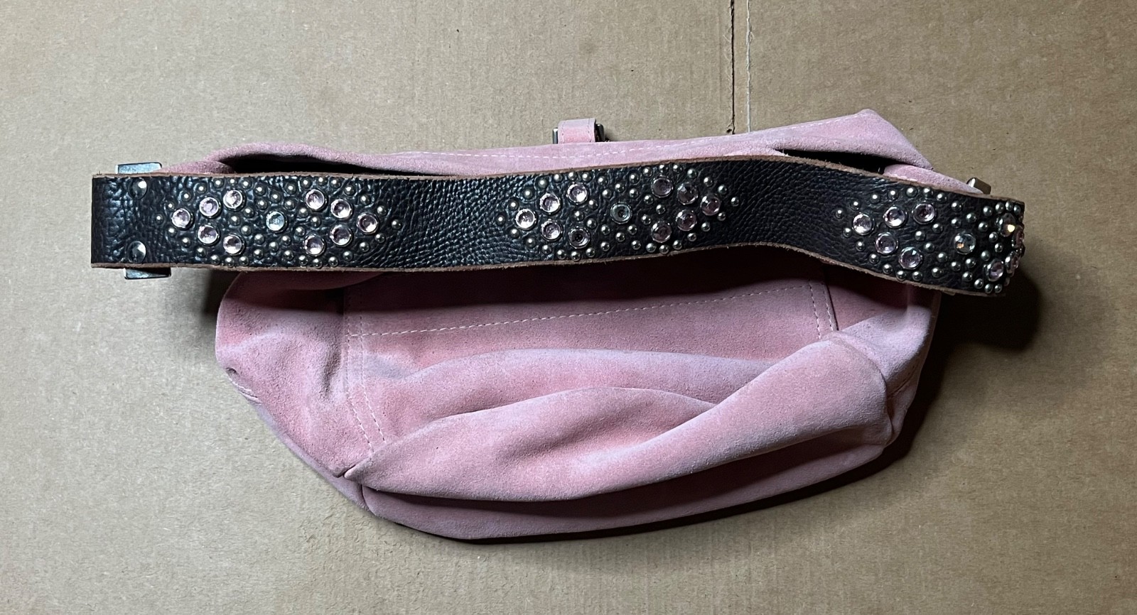 TYLIE MALIBU Hobo Handbag Pink Suede Crystal Studded Shoulder Strap Excellent