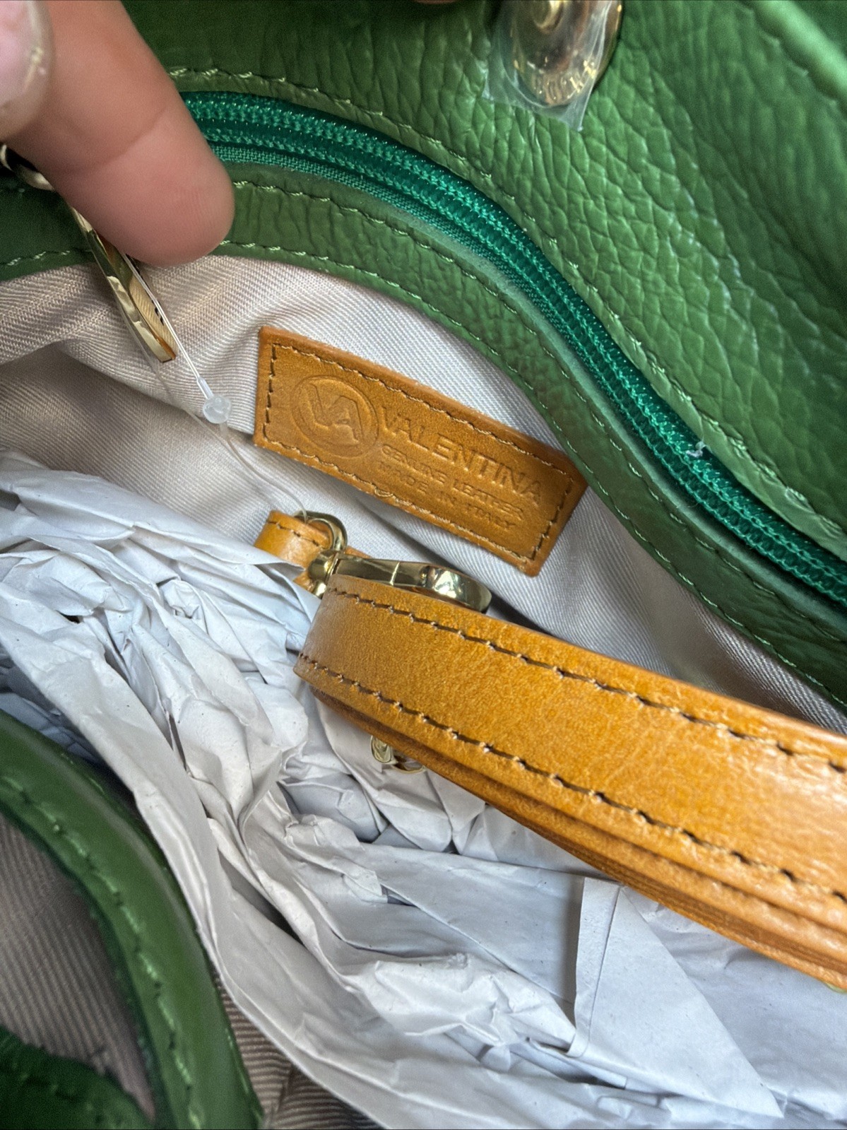 Valentina Italian Convertible Backpack Shoulder Bag Jade Green Cognac Trim NWT