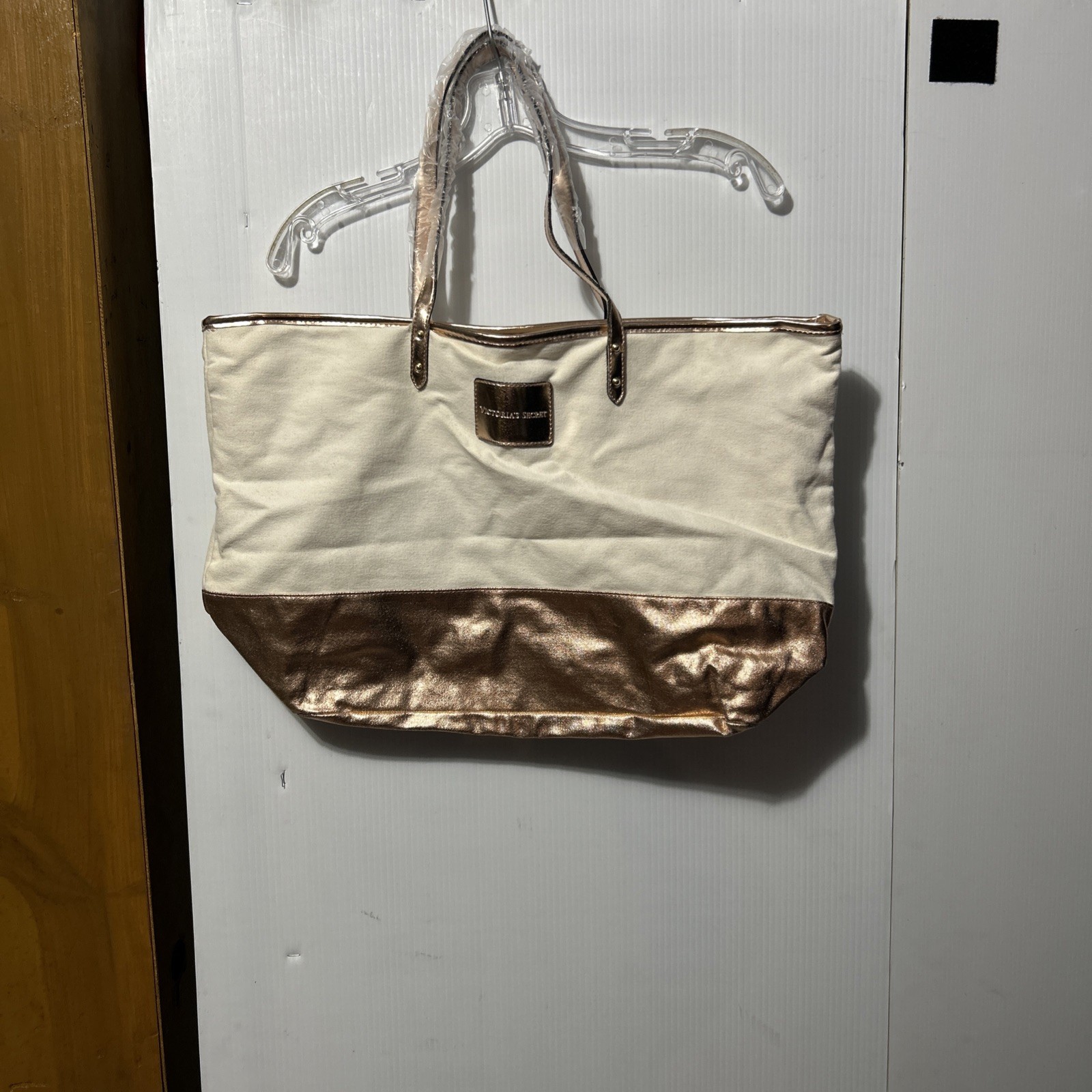 VICTORIA SECRET Zip Tote Handbag Beach Rose Gold Beige Canvas NEW