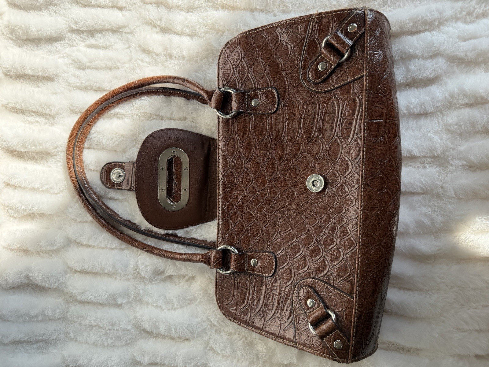 Brown Embossed Shoulder Bag Double Handles Buckle Strap Accents Magnetic Zip