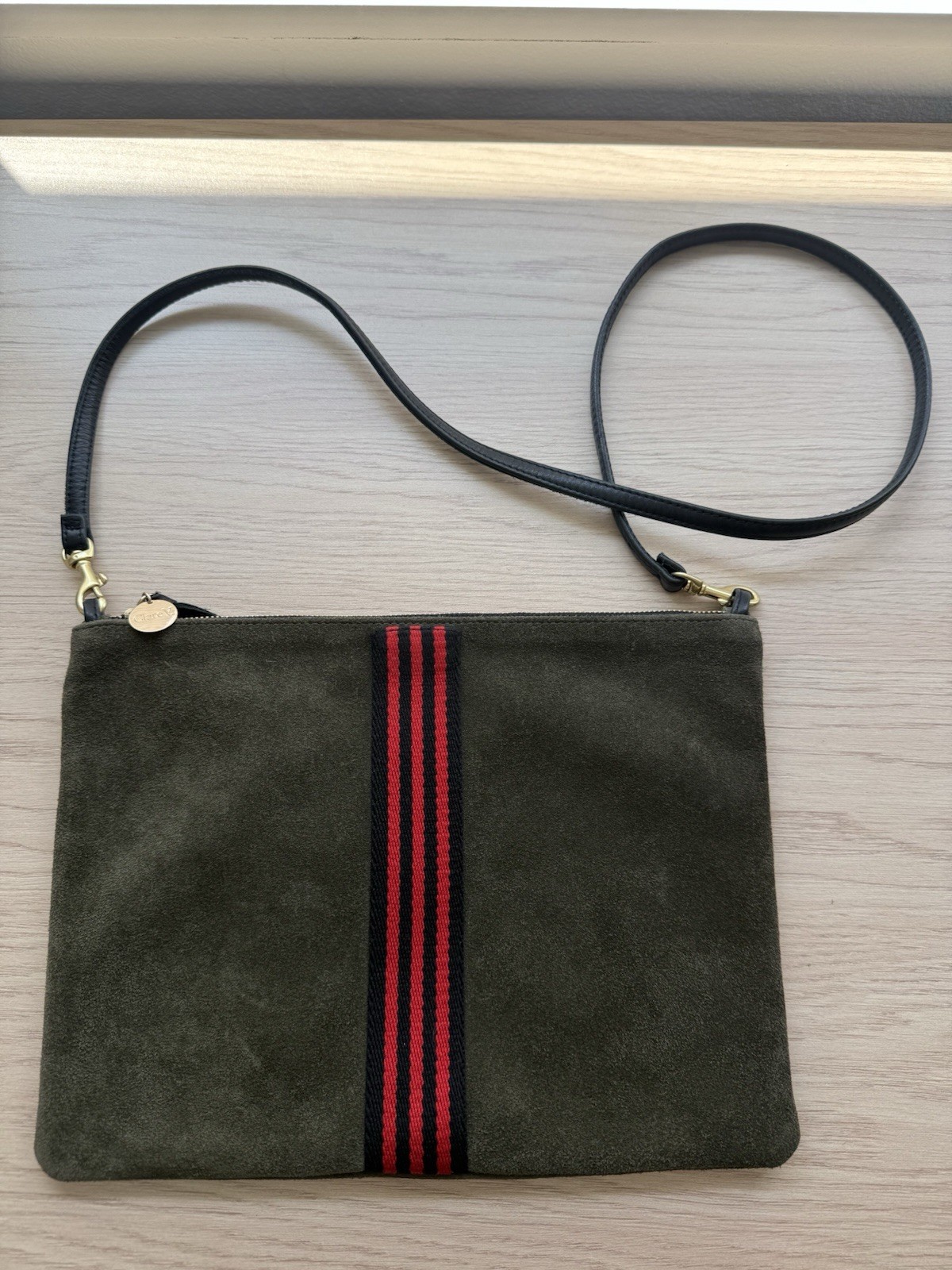 Clare V. Sac Bretelle Suede Crossbody Bag with Red & Black Stripes