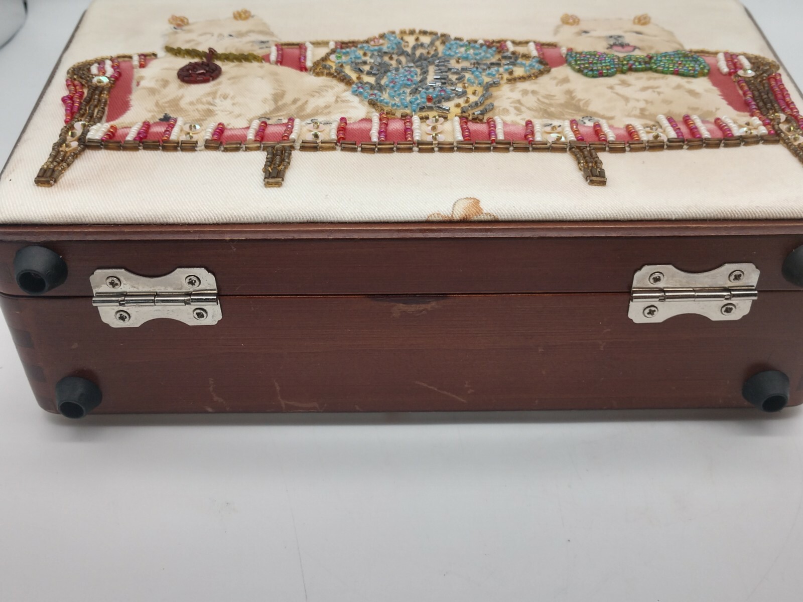 Wooden Purse Far Nine Bead Handle Sequins Dog Mirror Lined 11 inches