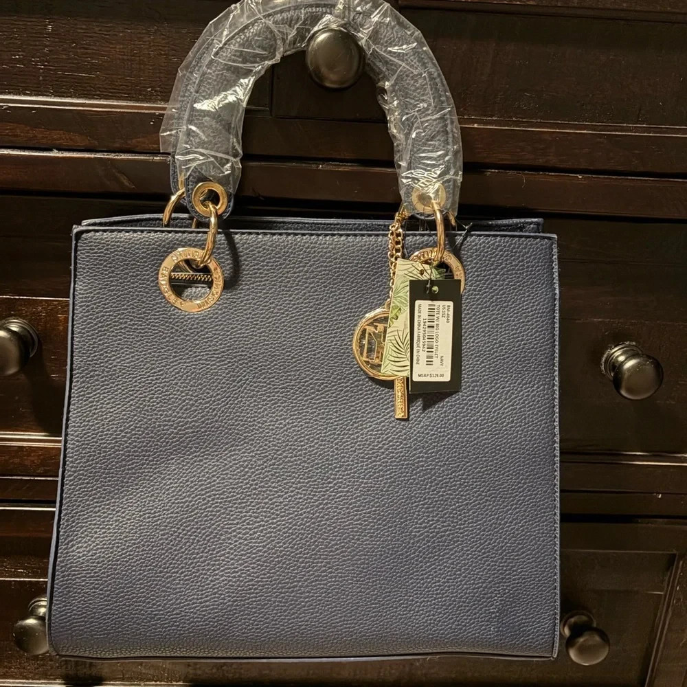 Badgley Mischka Blue Tote with Gold Details