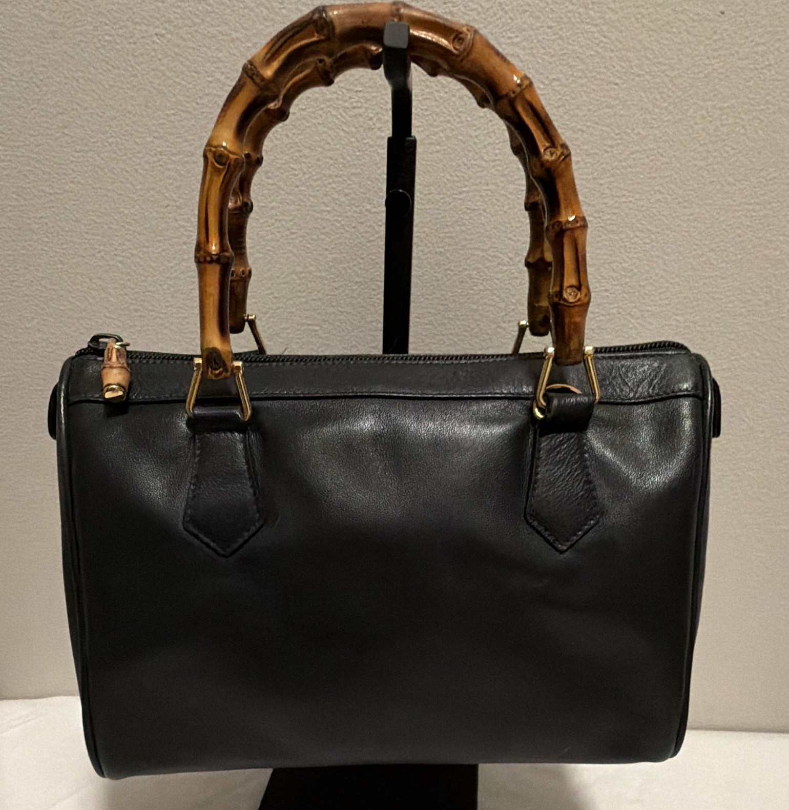 Gucci Black Satchel Top Handle Bag Bamboo Handles Zip Detachable Strap Gold