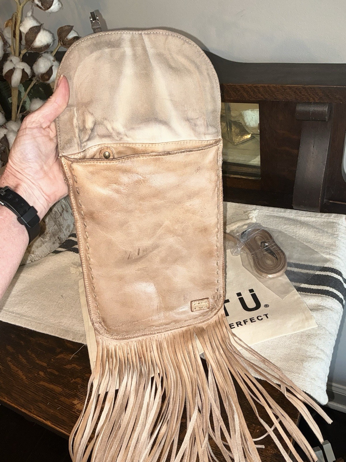 NWT Bed Stu Leather SANDY LANE II Oats Dip Dyed Fringe Crossbody Bag MSRP $165