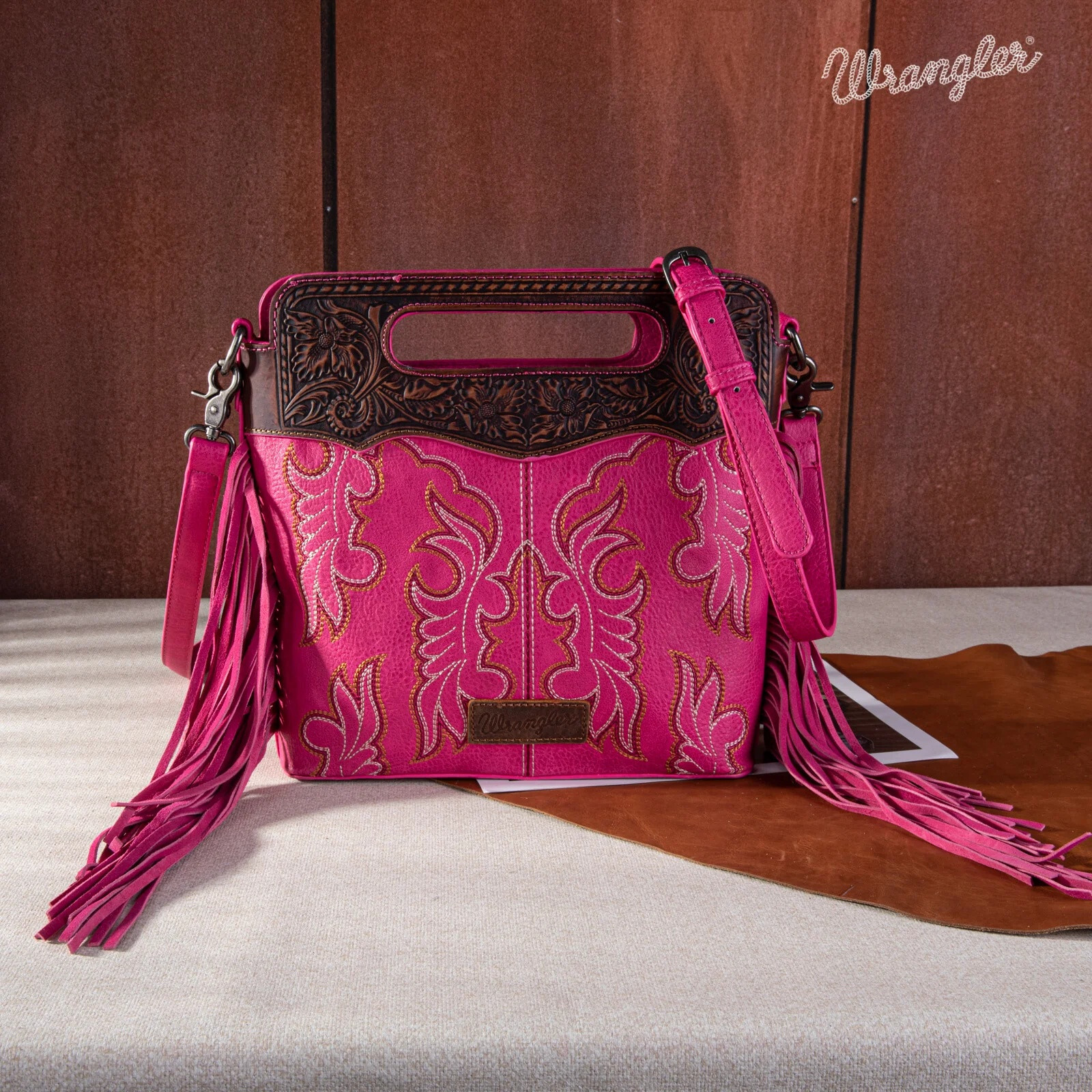 Wrangler Women Bag Boot Scroll Embroidered Western Crossbody Purse Hot Pink