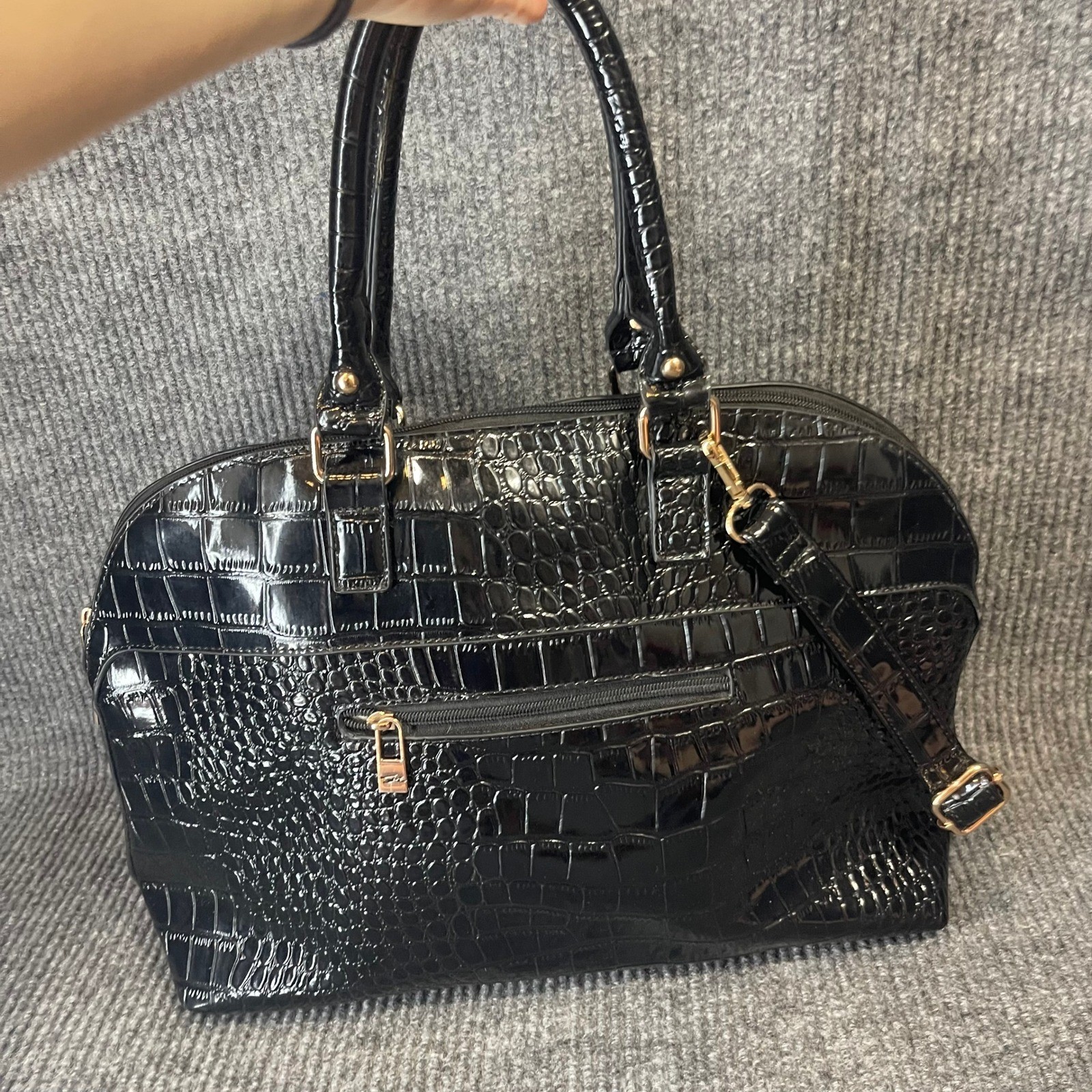 Sei Satchel Bag LARGE Black Croc Embossed Patent Faux Leather Handbag Travel