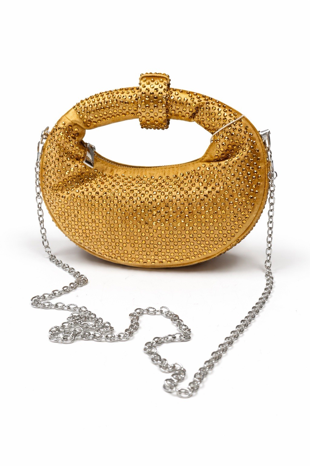 Gold Rhinestone Crescent Shoulder Bag with Chain Strap Metallic Party Formal