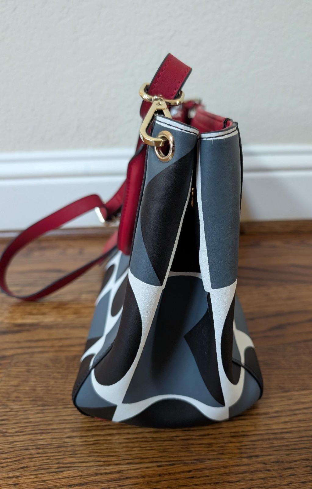 NAWO Red Black Grey White Geometric Leather Shoulder Tote Zip Purse Bag NWT