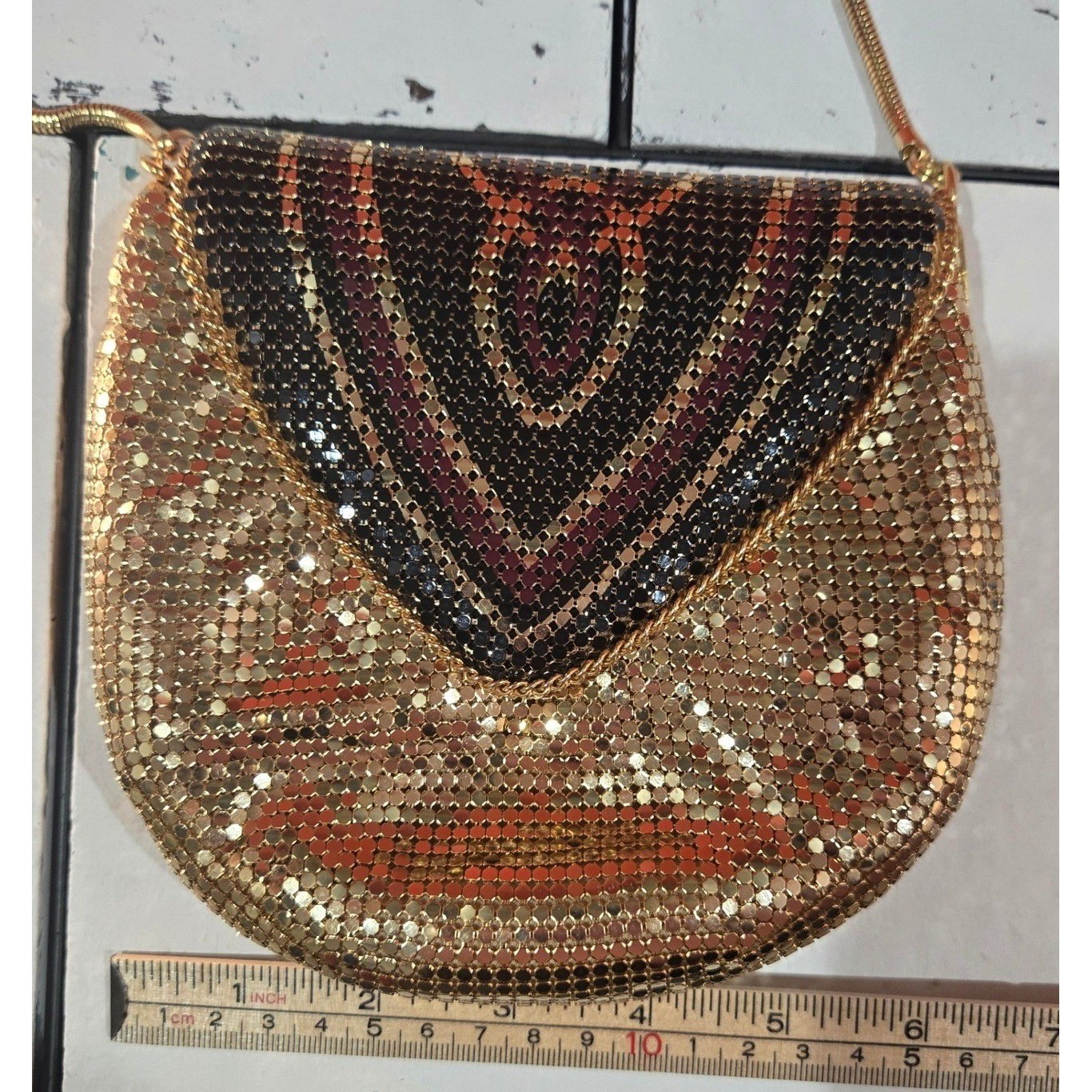 Sparkling Gold Black Red Mesh Evening Bag Boho Geometric Snake Chain Strap
