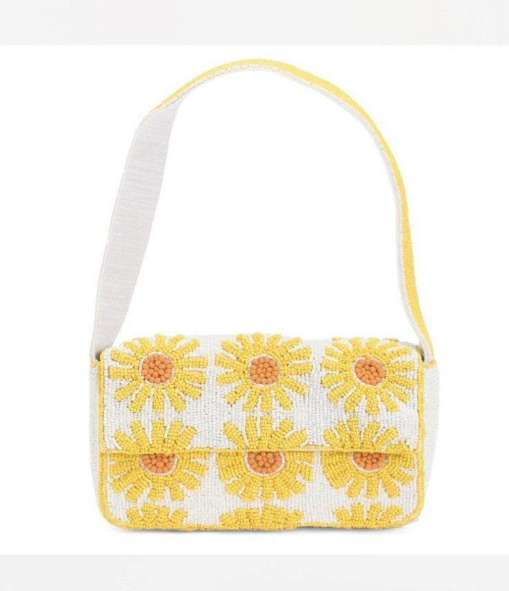 Sol Mer White/Yellow Beaded Sunflower Floral Shoulder Bag Purse Magnetic Closure