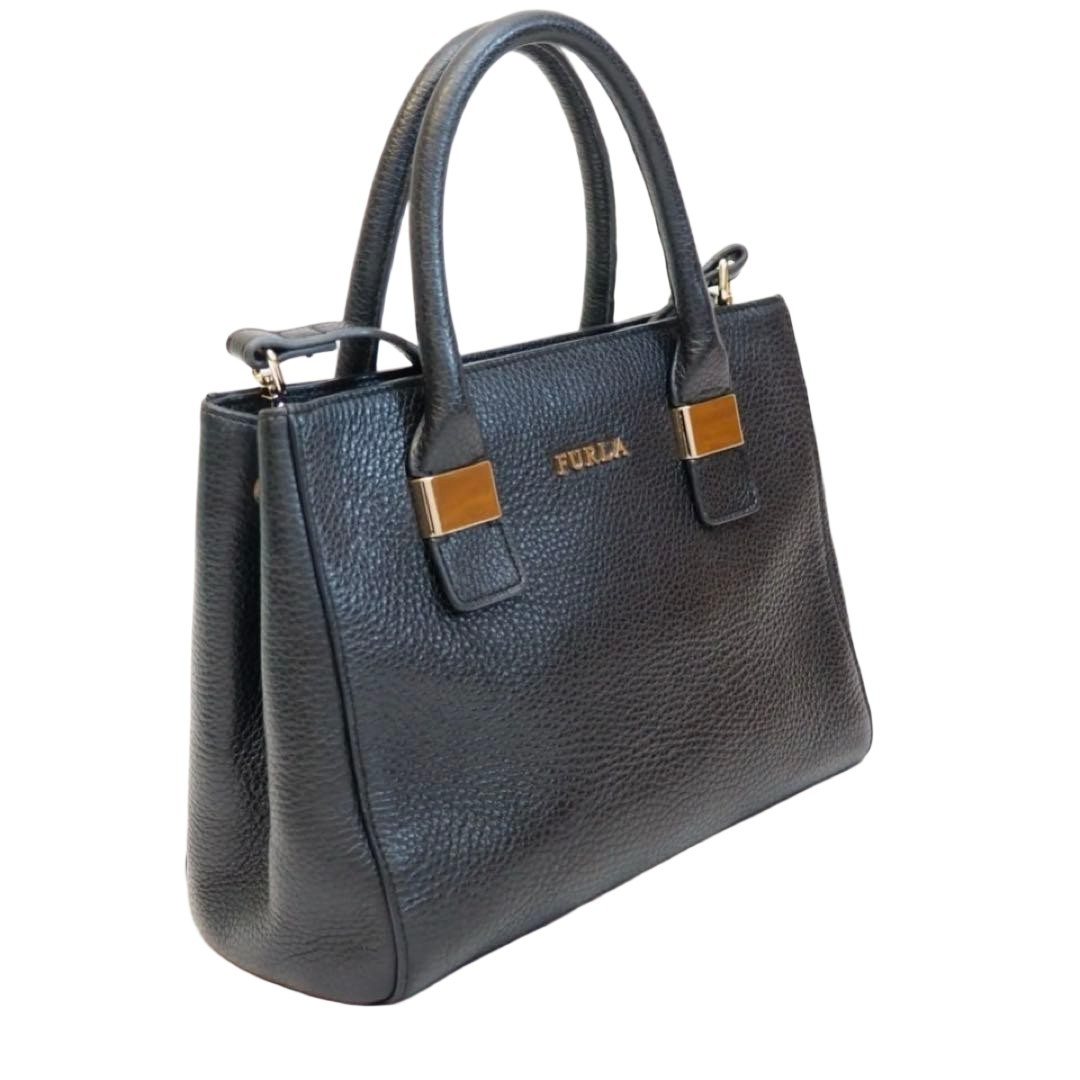FURLA Leather 2Way Shoulder Bag Black Authentic Compact Handbag Self-Standing