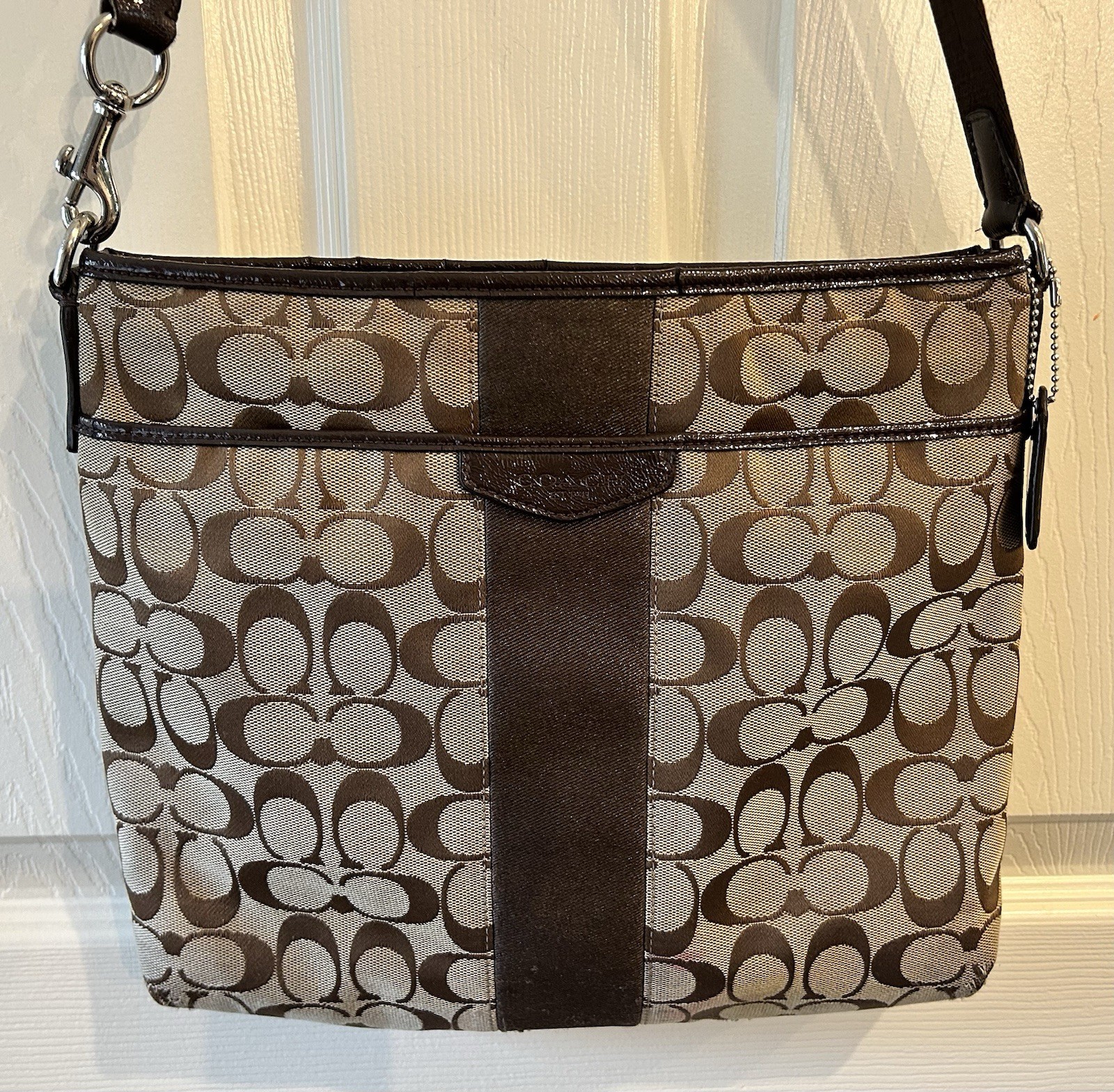 COACH Signature Stripe Bag Brown/Tan Adjustable Strap 11 1/2” X 10”