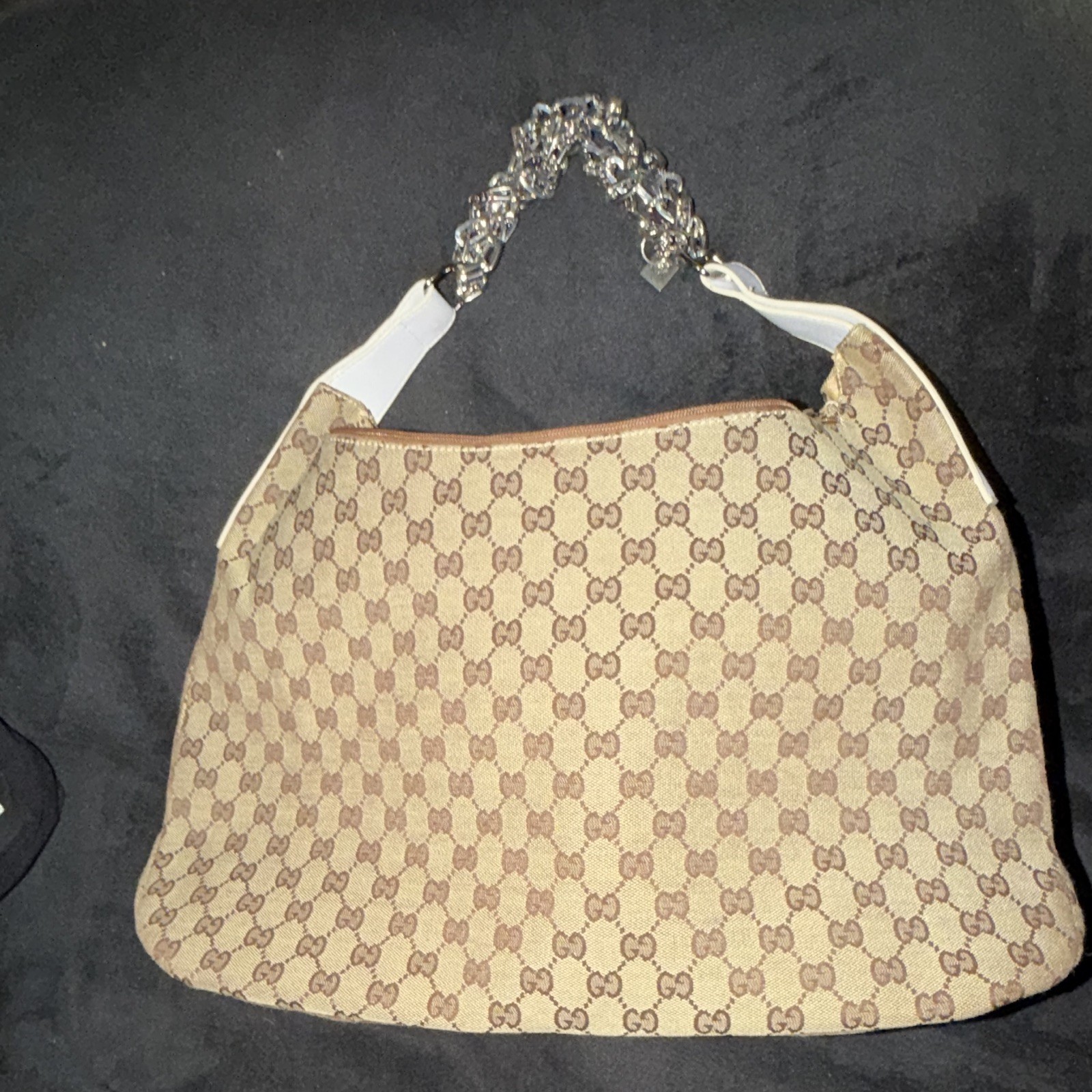 GG Pattern Shoulder Bag Beige/Brown White Trim Chain Strap Zip Silver