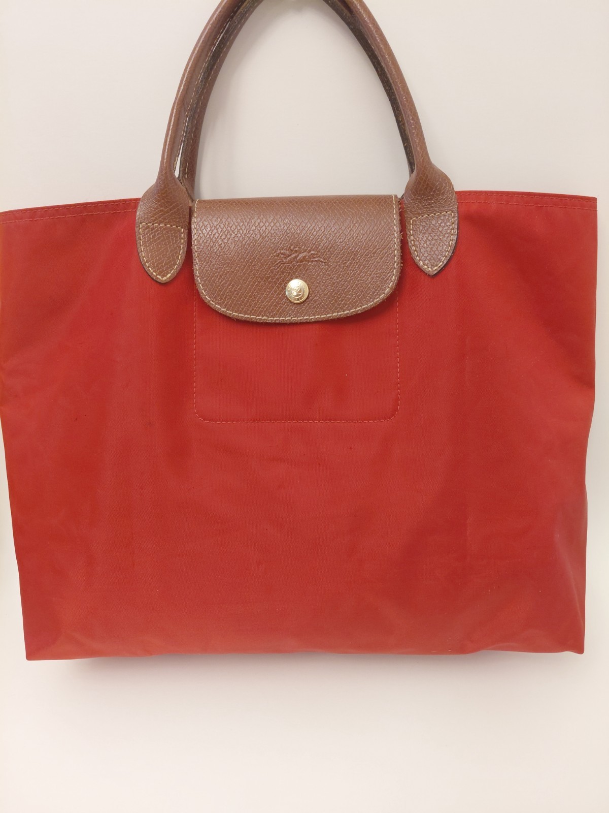 Longchamp Le Pliage Red Nylon Tote Bag Large Brown Leather Handles Ink Stains