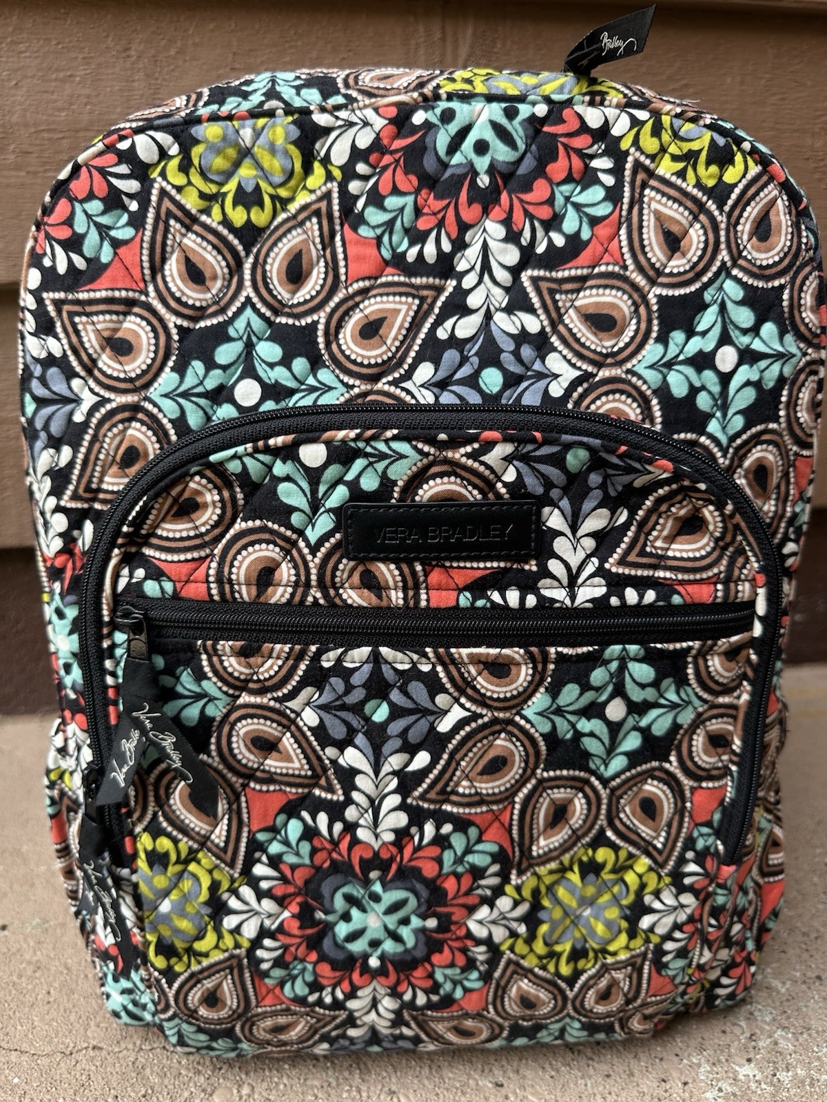 Vera Bradley Multicolor Paisley Backpack Zip, Adjustable Straps, Charm, Black