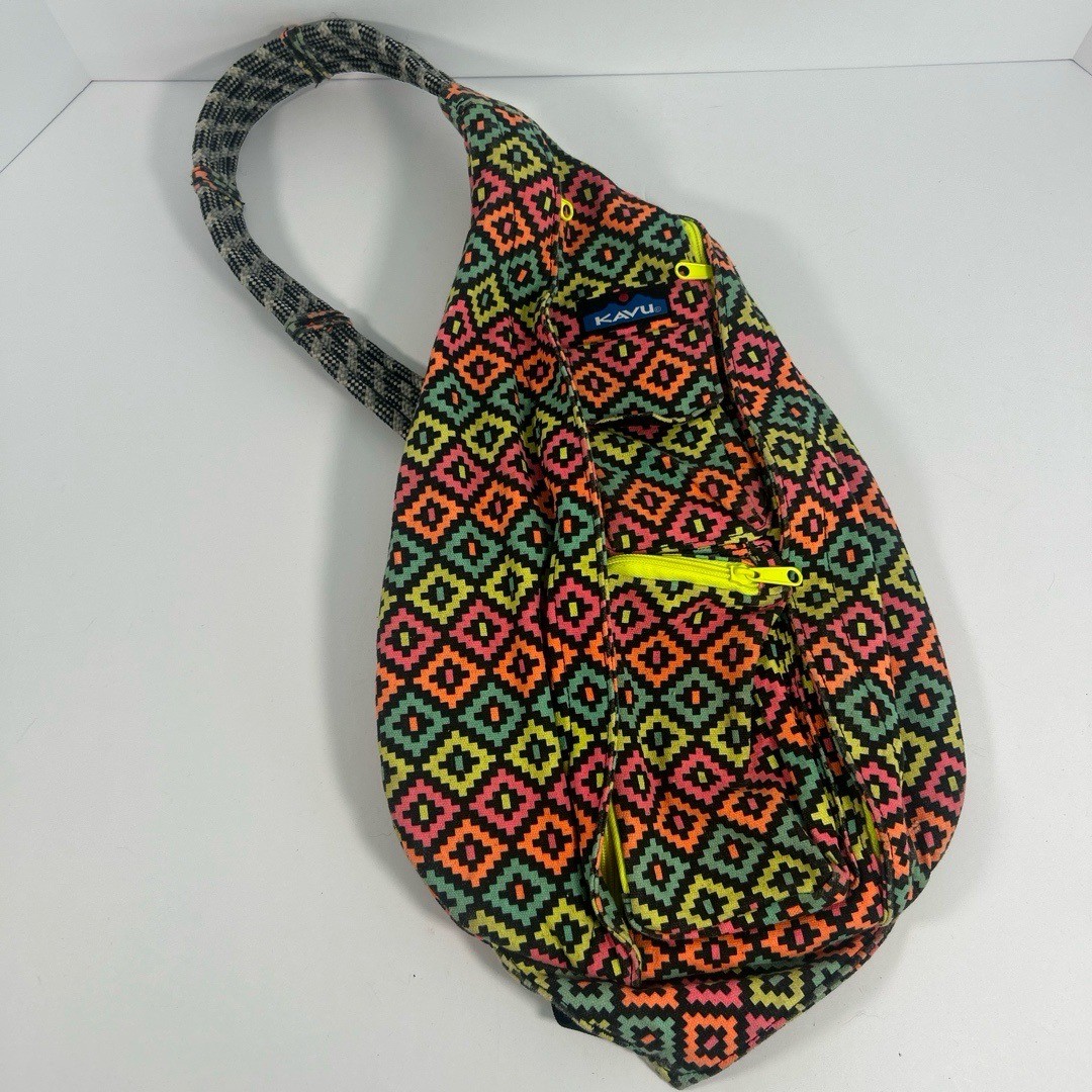 KAVU Rope Sling Bag Neon Multi Geometric Rope Strap Travel Festival