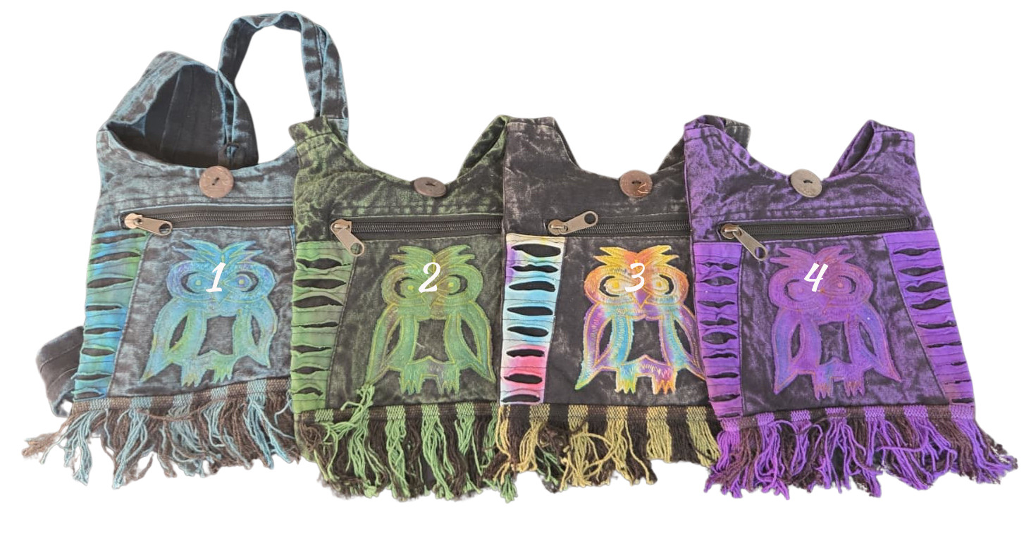 Boho Owl Crossbody Bag Handmade Cotton Fringed Purse Nepal Purple Green Blue