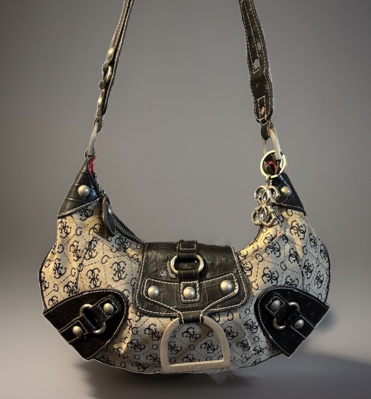 Y2K Guess Monogram Jacquard Crescent Hobo Bag Gray Croc Buckle Purse