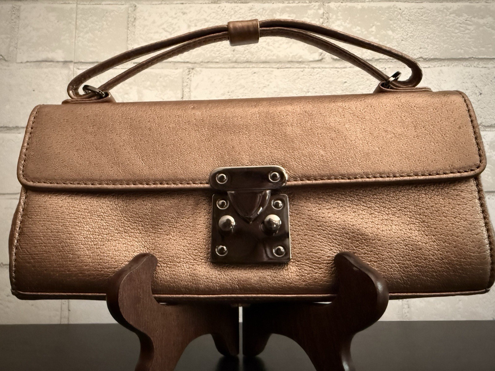 Hype Y2K Gold/Bronze Genuine Leather Handle Clutch~Metallic~ trunk-lock hardware