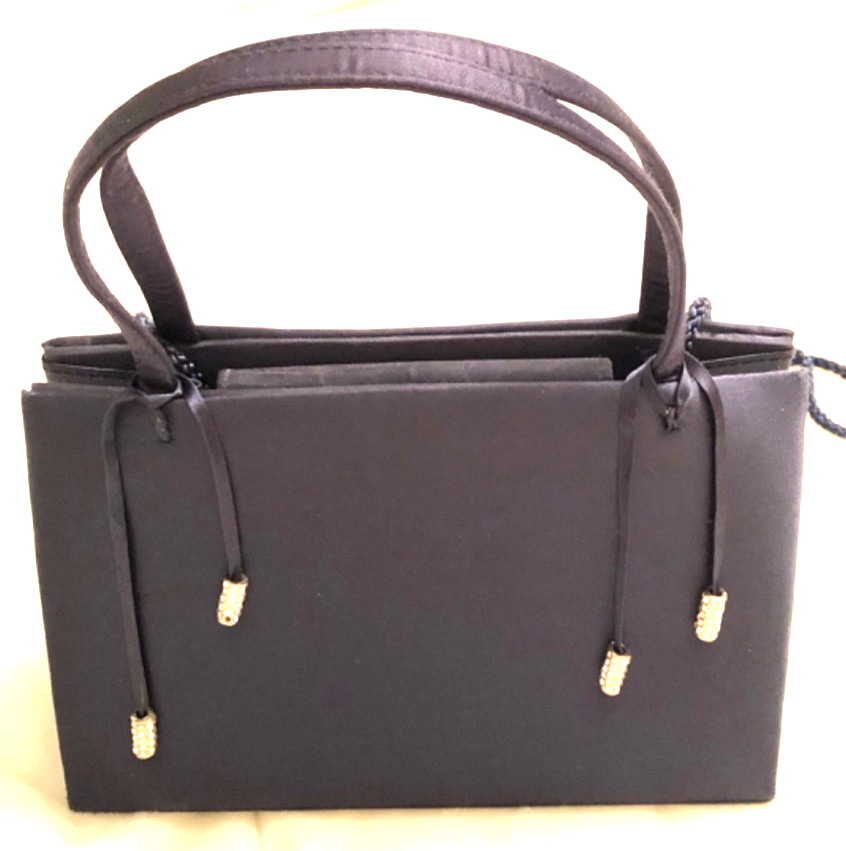 La Regale Navy Evening Bag Handles & Strap Feet Rhinestones Handmade in China