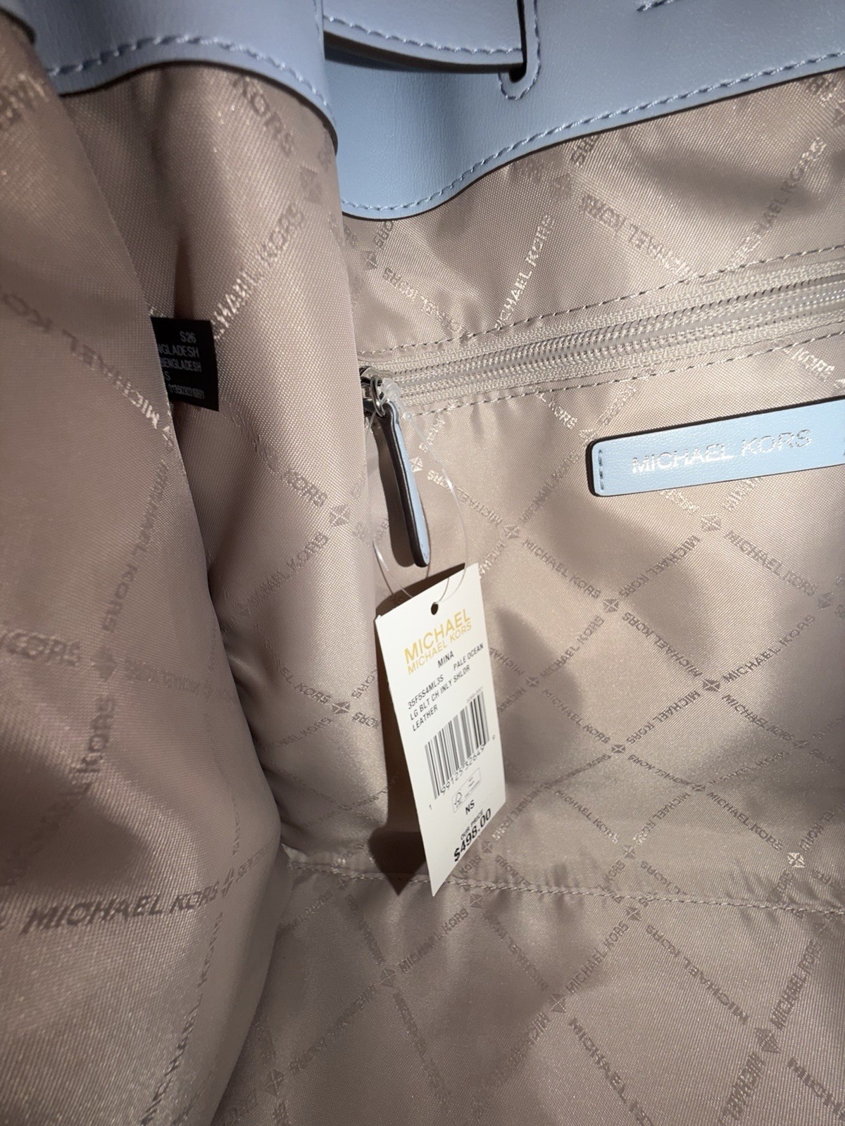 Michael Kors Mina Large Belted MK Chain Shoulder Bag Pale Ocean