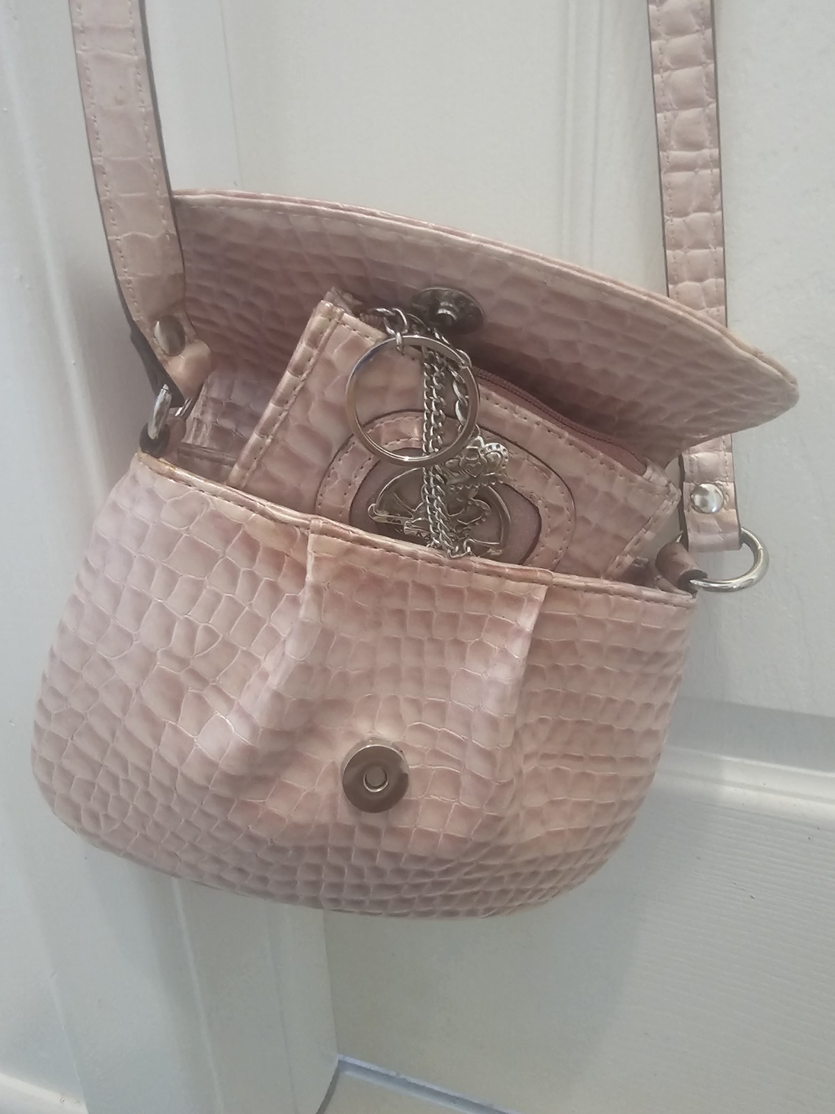Women’s Pink Croc Pattern Small Crossbody Bag, Magnetic, Charm, Silver