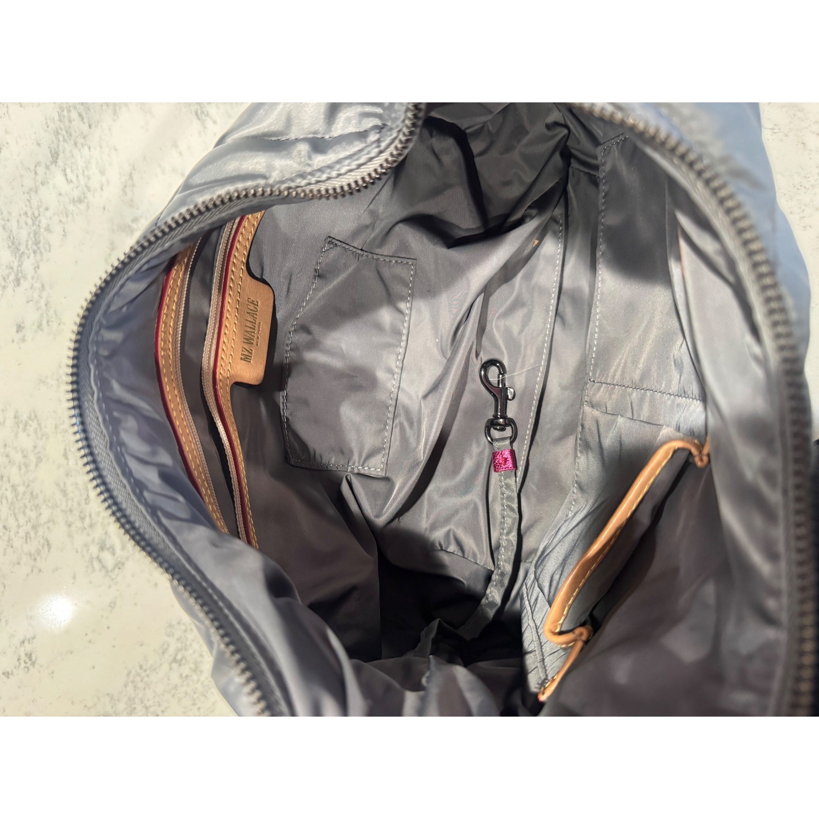 MZ Wallace Quilted Nylon Hobo Bag Magnet Grey Metallic Pink Handle Shoulder Bag