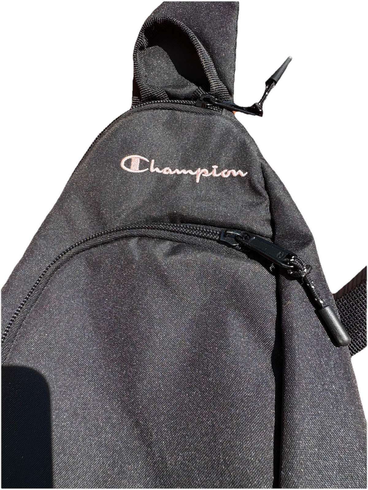 Champion Sling Bag Crossbody Backpack Black Pink Logo Athletic Travel Vacation
