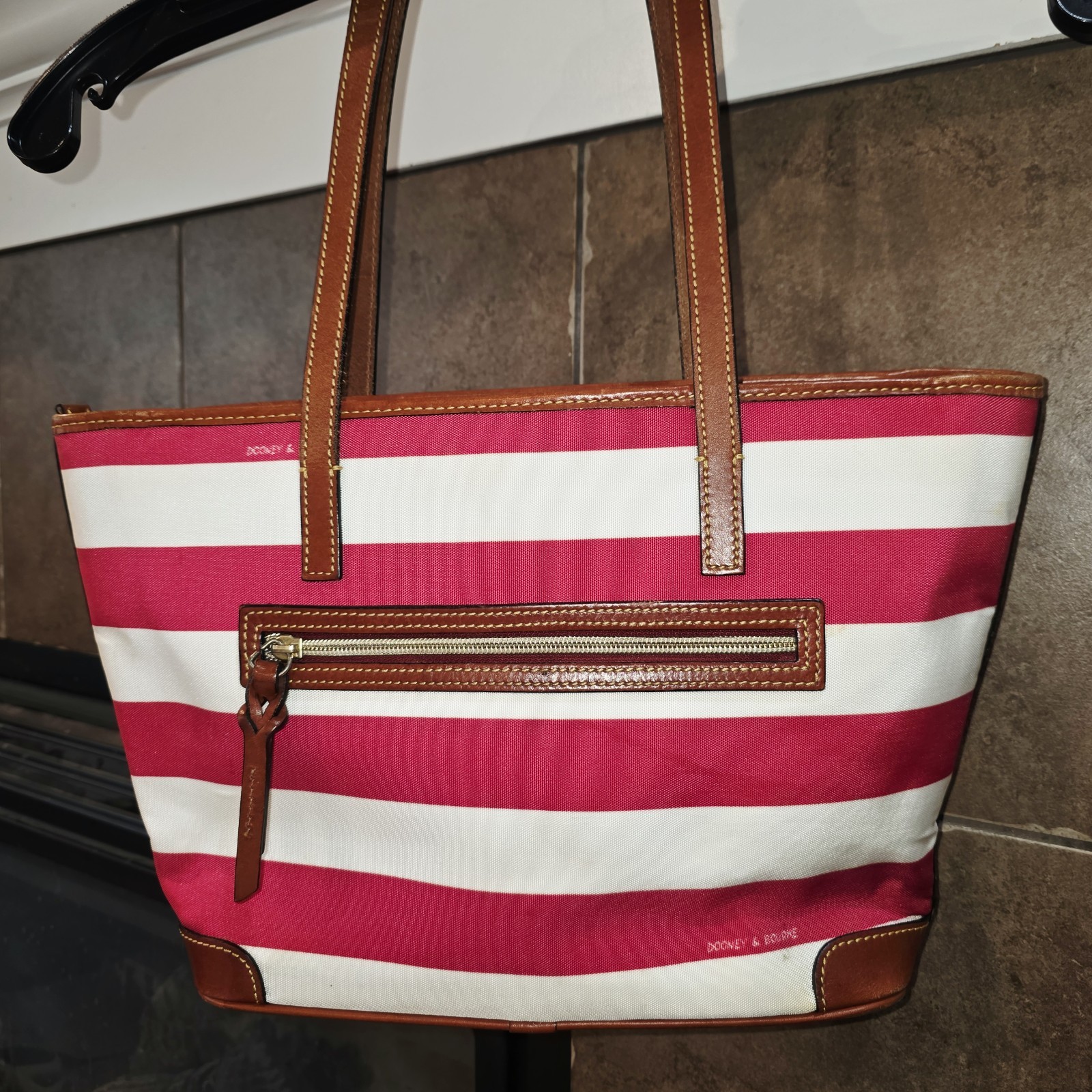Dooney & Bourke Charleston Pink White Stripes Logo Zipper Top Shoulder Bag Purse