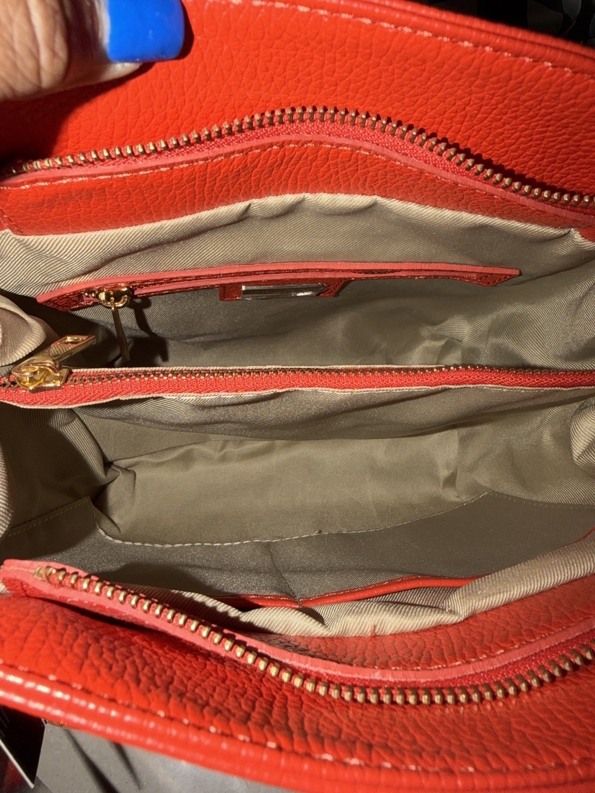 Viola Castellani Red Pebbled Top Handle Bag Zip Closure Detachable Strap Gold
