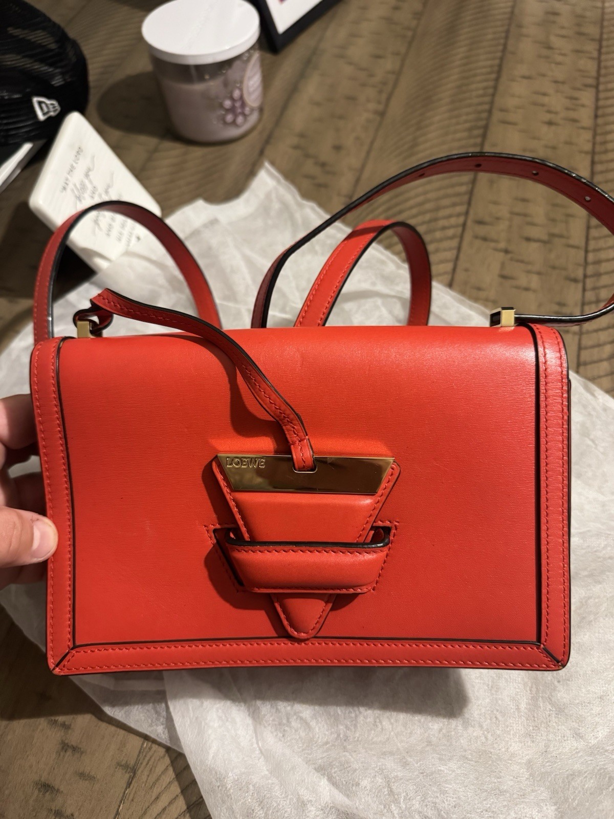 Loewe Red Crossbody Bag Gold Tone Hardware Adjustable Detachable Strap Small