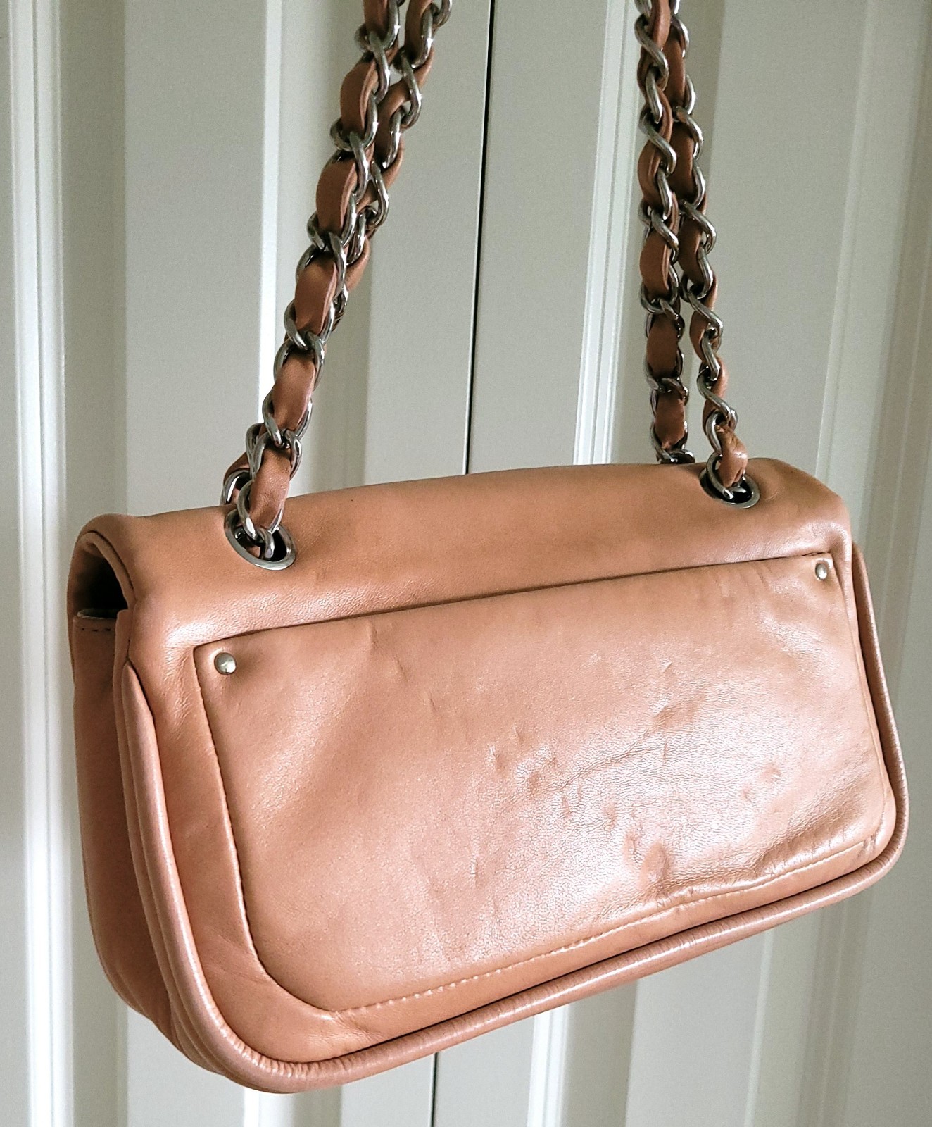 CHANEL Flap Bag Orange Tan Calfskin Chain Strap East West Shoulder NWT Box