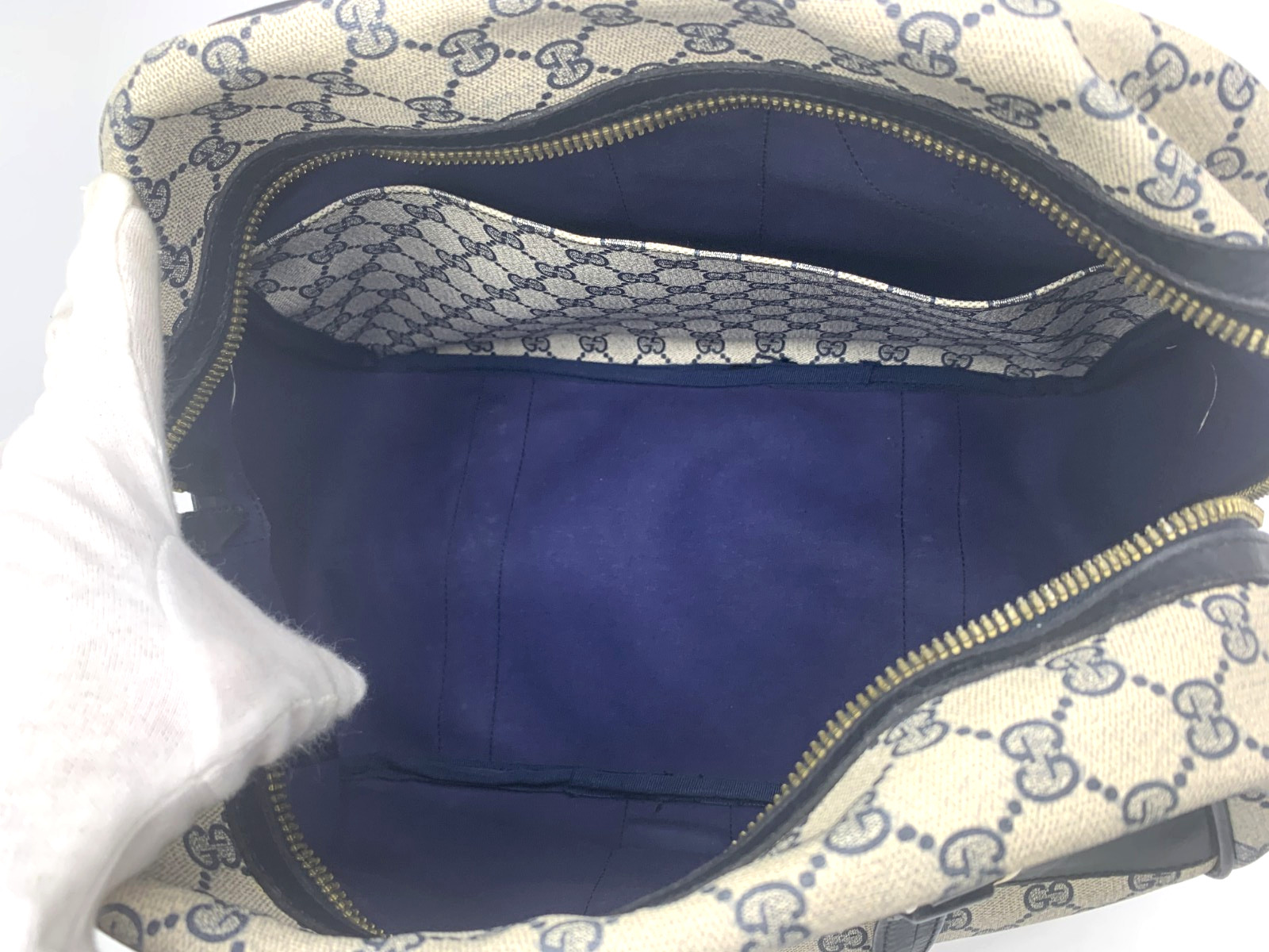 GUCCI VINTAGE Web Stripe Handbag Boston GG Supreme Navy Rare Large Authentic