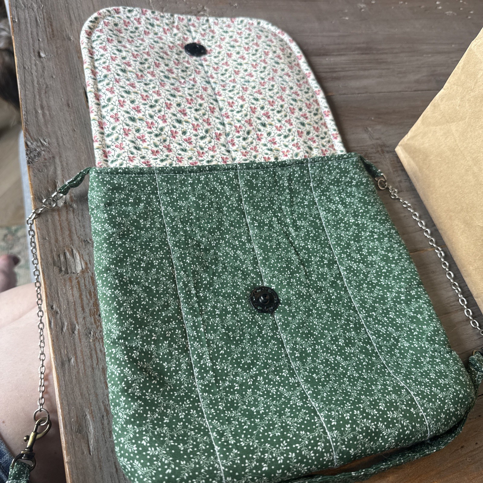 Homemade Quilted Cottage Core Cross Body Bag W/ Chain And Fabric Strap And Snap