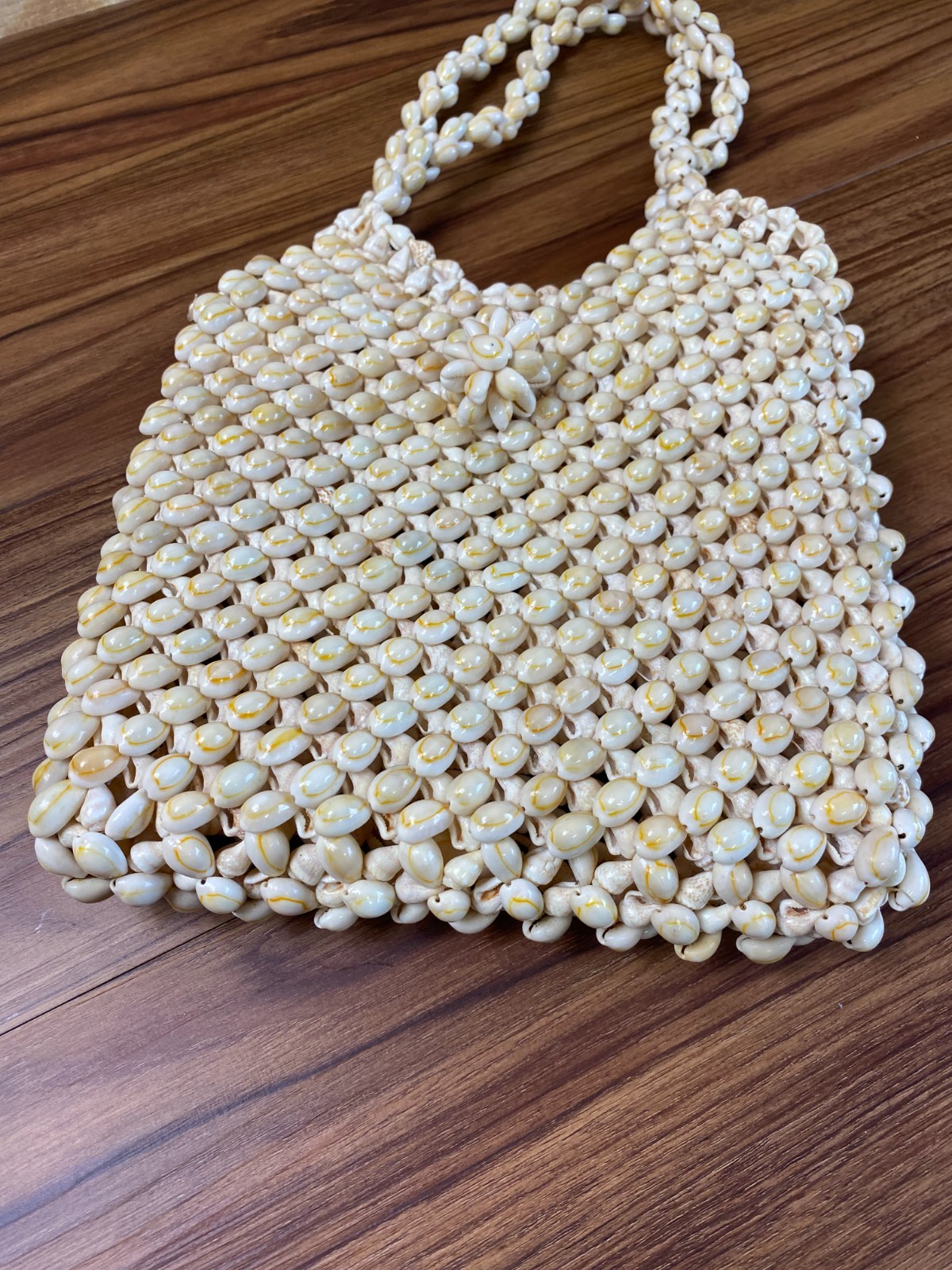 VTG Cowrie Shell Purse Hand Knotted Seashell Bag Double Strap Boho Beach Coastal