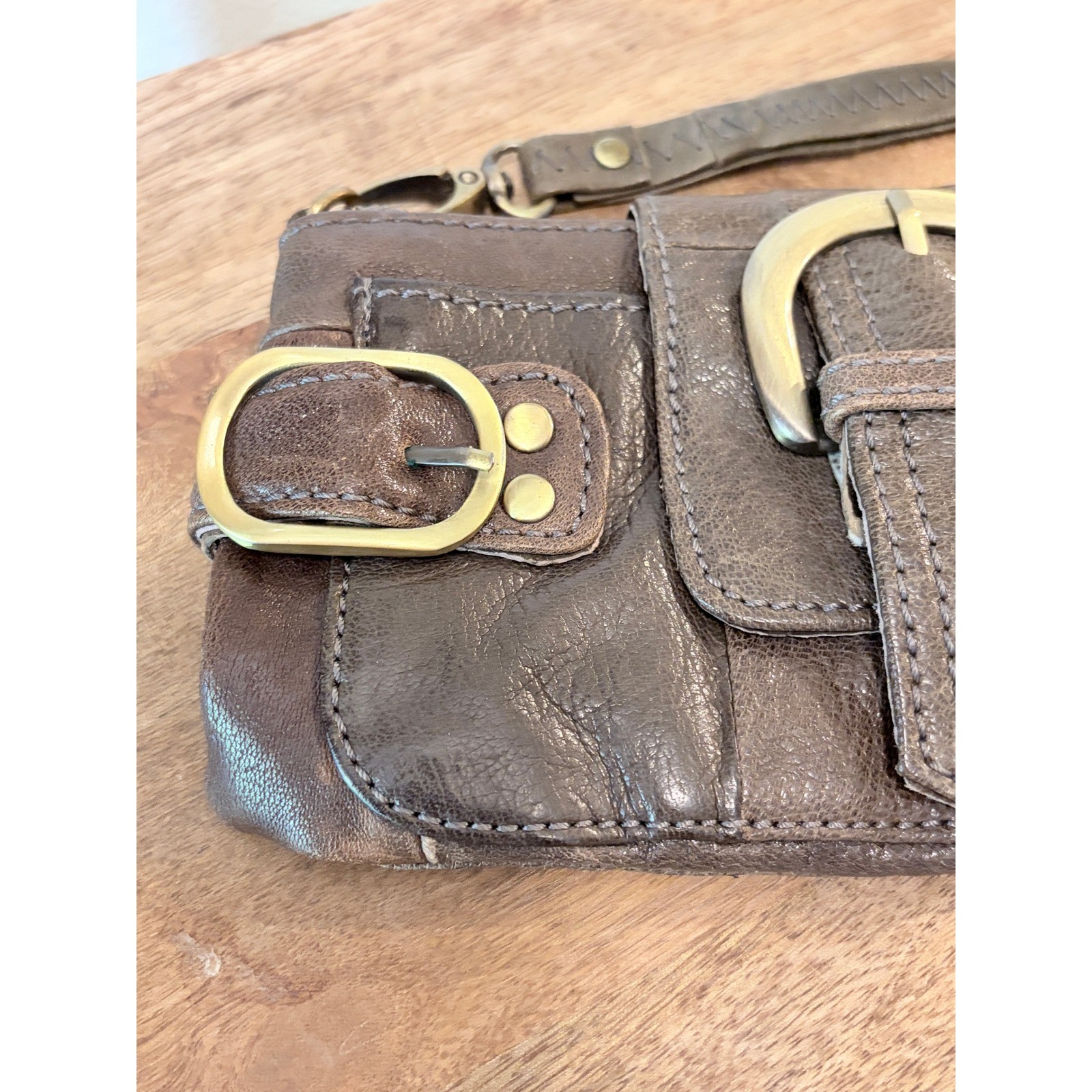 Vi Vi Taupe Brown Leather Triple Buckle Wristlet Clutch Bag Moto Western Edgy