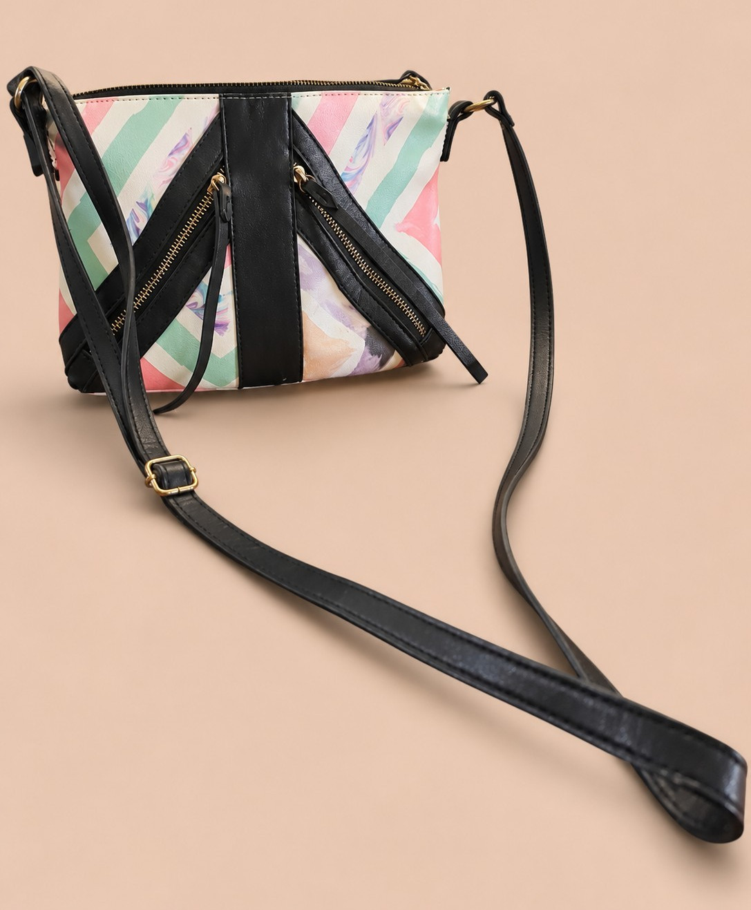 Women’s Small Abstract Multicolor Crossbody Bag, Zip, Detachable Strap, Lined