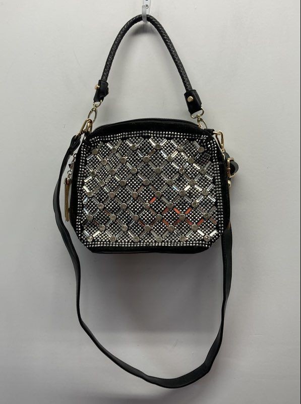 Black Rhinestone Studded Woven Crossbody Handbag Gold Tone Hardware